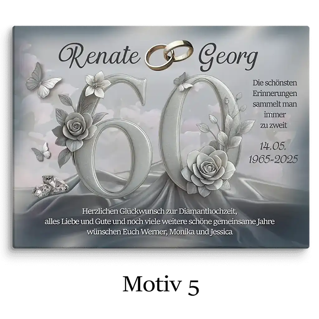 Leinwand Diamanthochzeit 60 Jahre mit Blumen, Ringen, Schmetterlingen und individueller Widmung