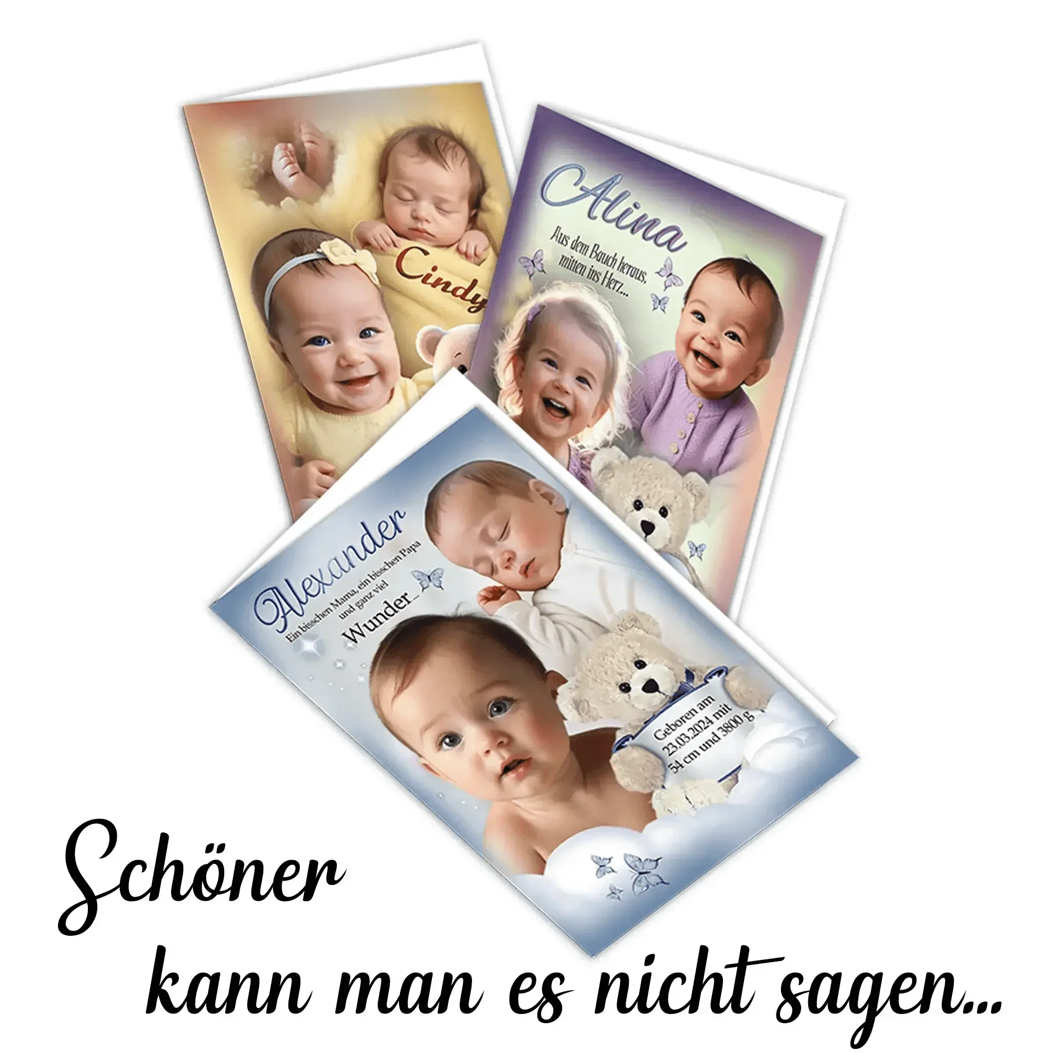 Digitale Vorschau von drei personalisierten Babykarten mit Fotos, Namensaufdruck und Teddybär, Text: Schöner kann man es nicht sagen