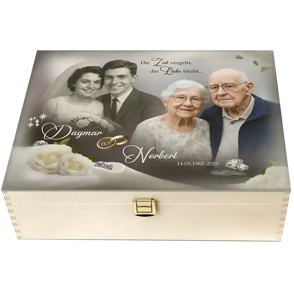 Personalisierte Holzbox zur Diamanthochzeit mit Paarfotos, weißen Rosen und Eheringen