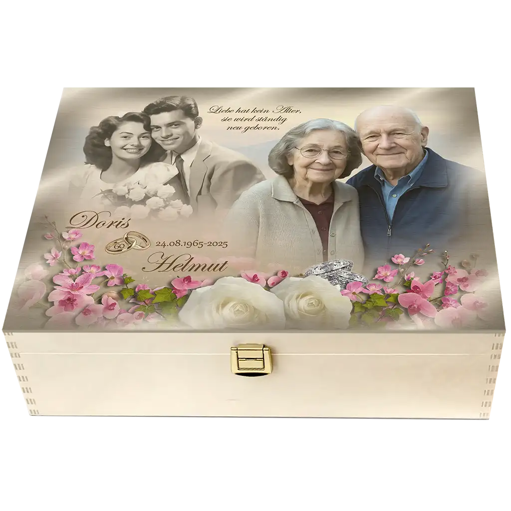 Aufbewahrungsbox mit personalisiertem Deckel und Jubiläumsdesign