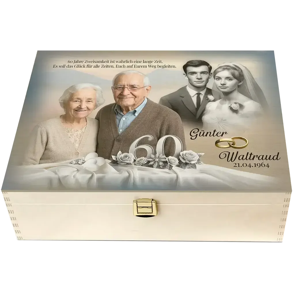 Personalisierte Holzbox zur Diamanthochzeit mit Fotos von älterem Paar und Hochzeitsbild
