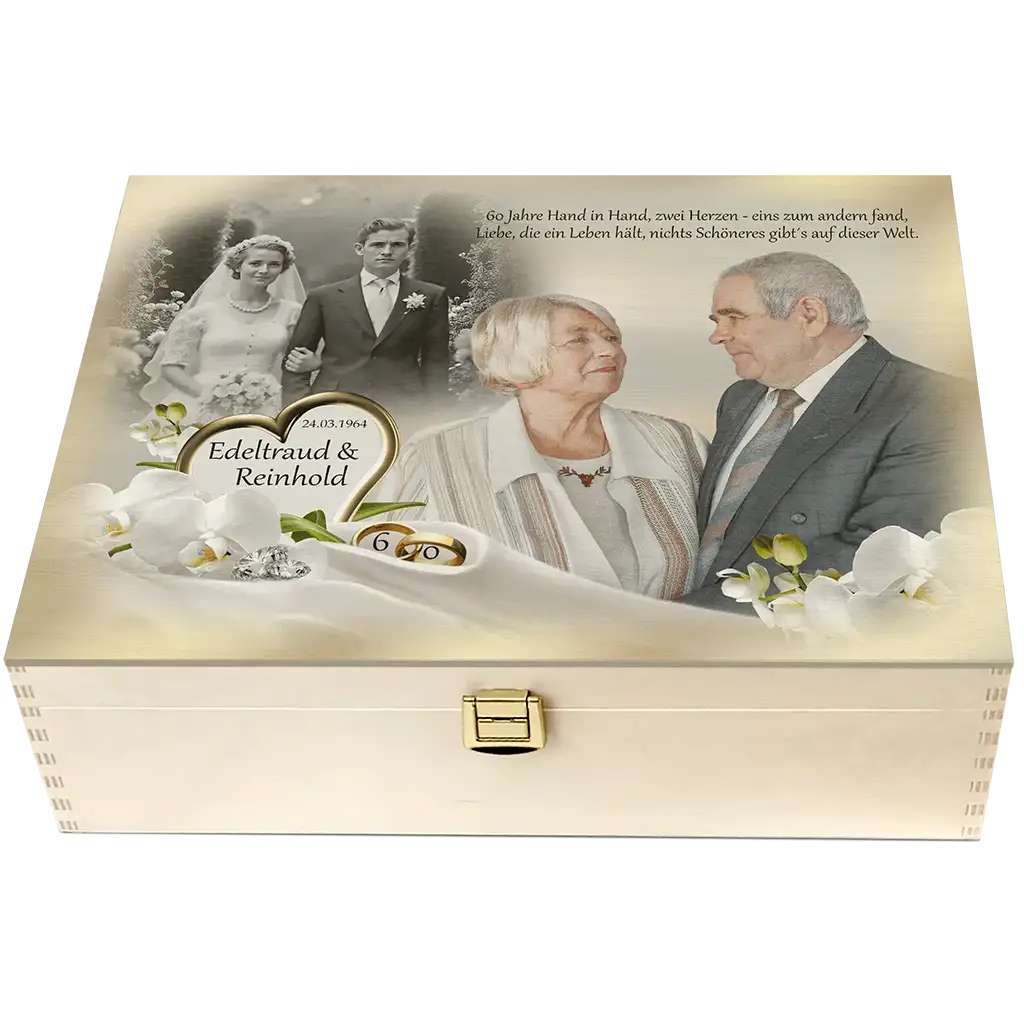 individuell gestaltete Holzbox Diamanthochzeit mit Herzen und Blumen