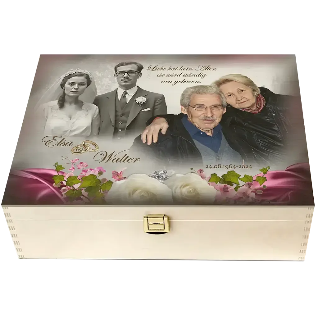 Personalisierte Holzbox zur Diamanthochzeit mit Paarfotos, floraler Dekor und Datum.
