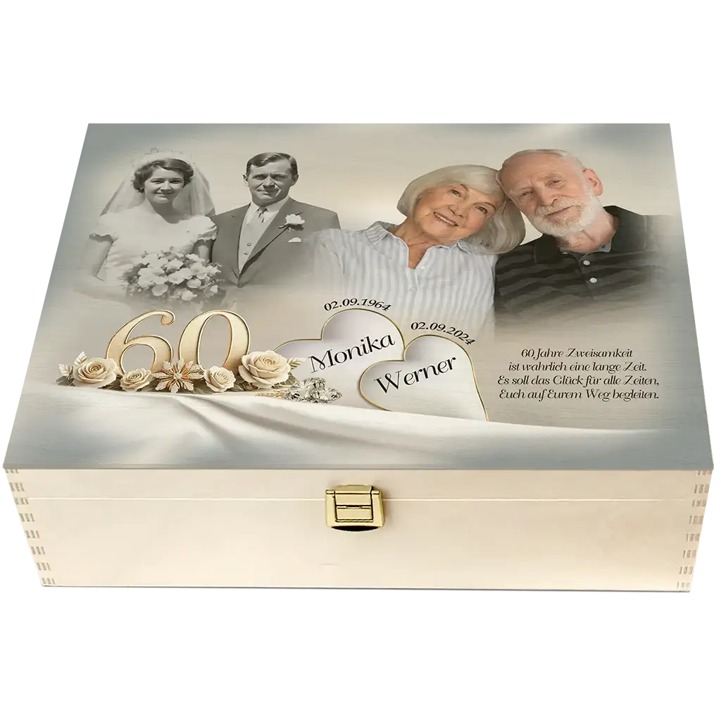 Geschenkbox 60 Jahre Ehe mit Gravur, Foto und Zitat zur Feier