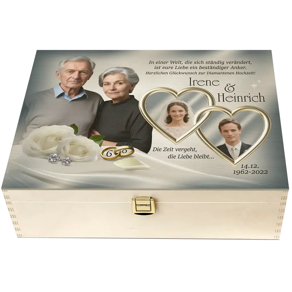 Holzbox zur Diamanthochzeit mit personalisierter Widmung und Fotocollage