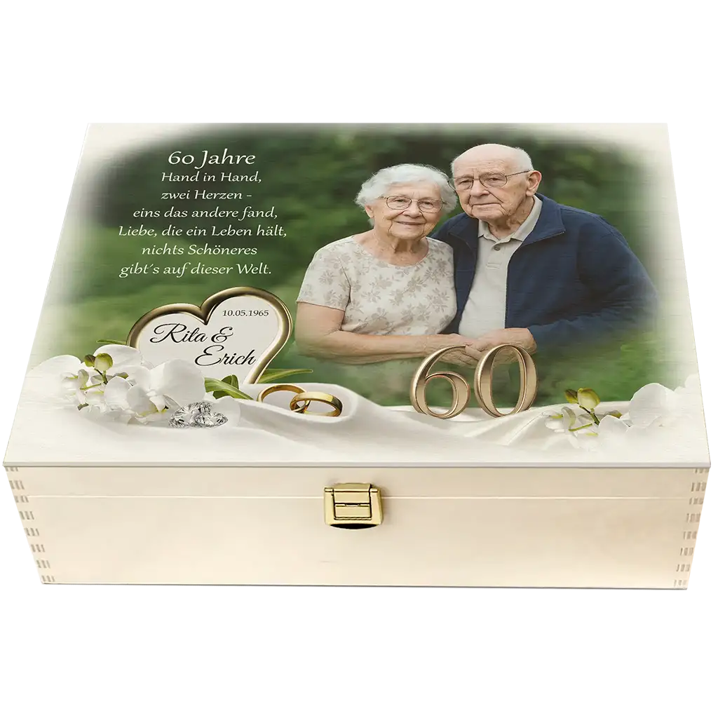 exklusive Holzschatulle zum 60. Hochzeitsjubiläum mit emotionalem Motiv