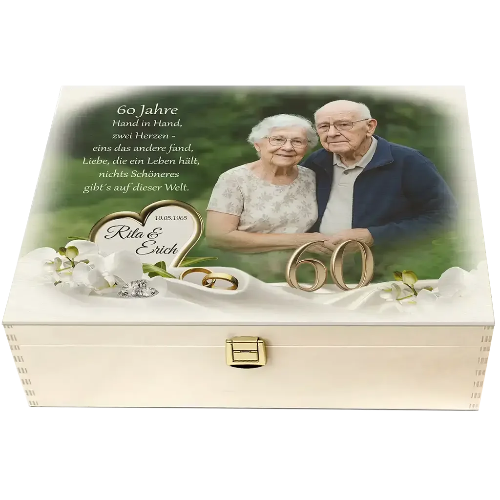 Personalisierte Holzbox zur Diamanthochzeit mit Foto älteres Paar, goldene 60, Blumen, Gravur