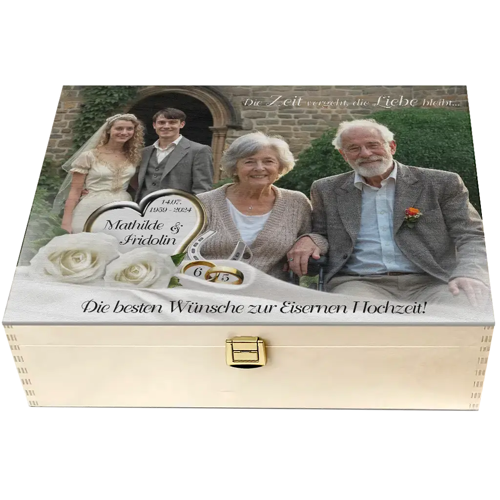 Holzbox Jubiläumsgeschenk mit Text und Bild