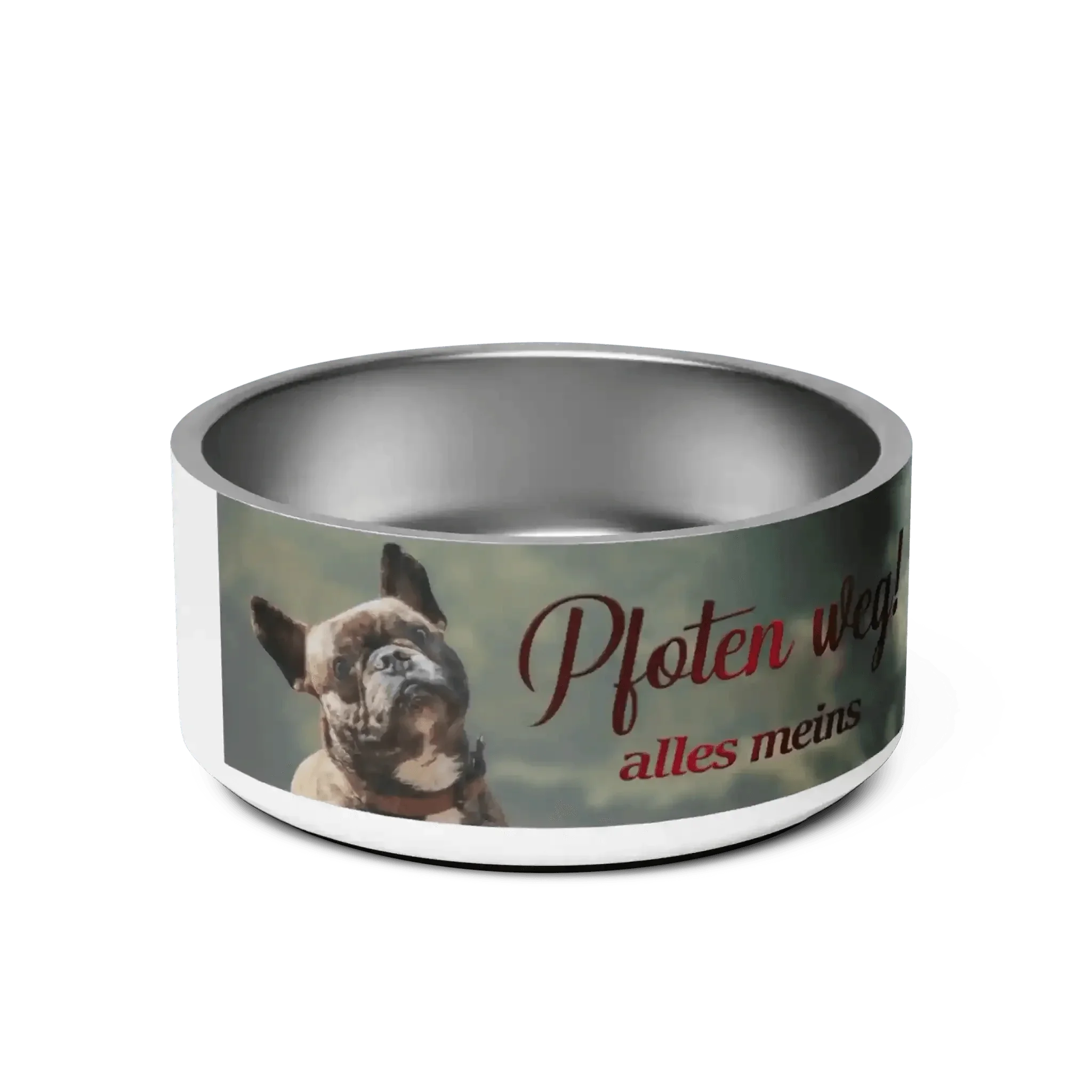Hundenapf mit Foto einer Bulldogge und Aufschrift Pfoten weg alles meins, Hundenapf Design