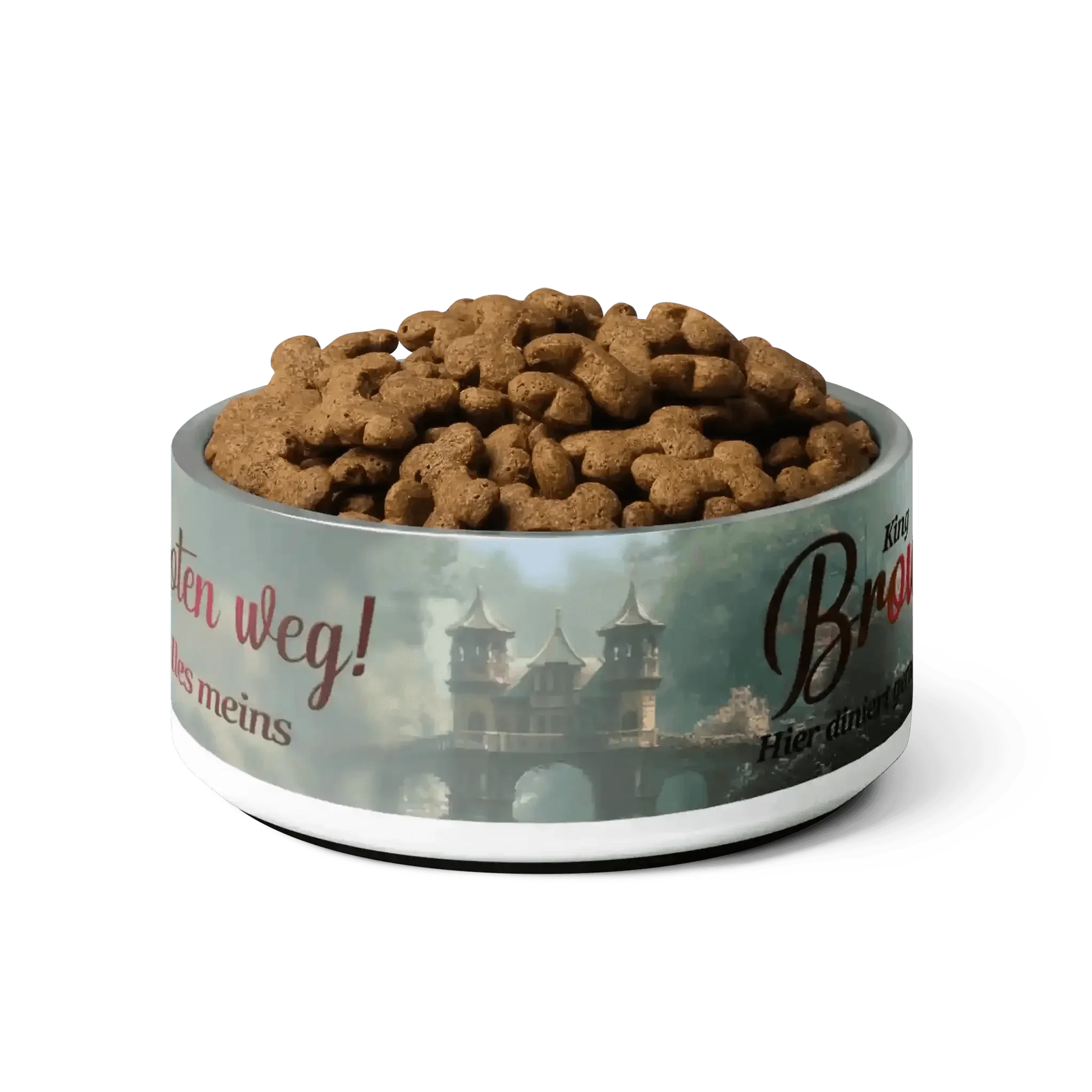 Hundenapf mit braunem Trockenfutter, Burgenmotiv und Aufschrift auf der Schüssel