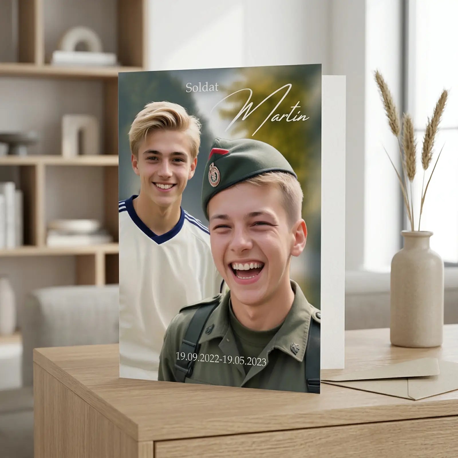 personalisierte Glückwunschkarte mit Foto und Name als hochwertiges Geschenk zum Wehrdienst, liebevoll gestaltet und wertig gedruckt
