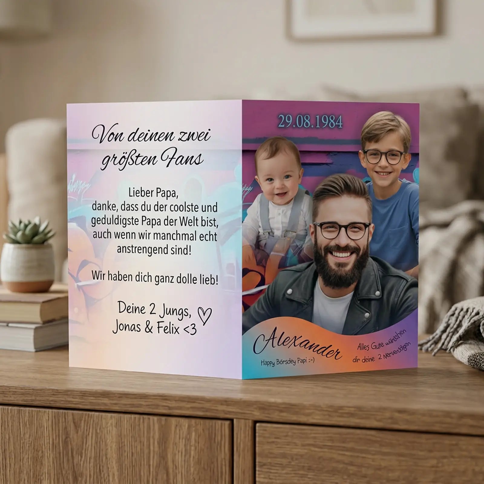 edle Glückwunschkarte als personalisiertes Geschenk zum Geburtstag, mit Foto und Name individuell gestaltet als besondere Erinnerung