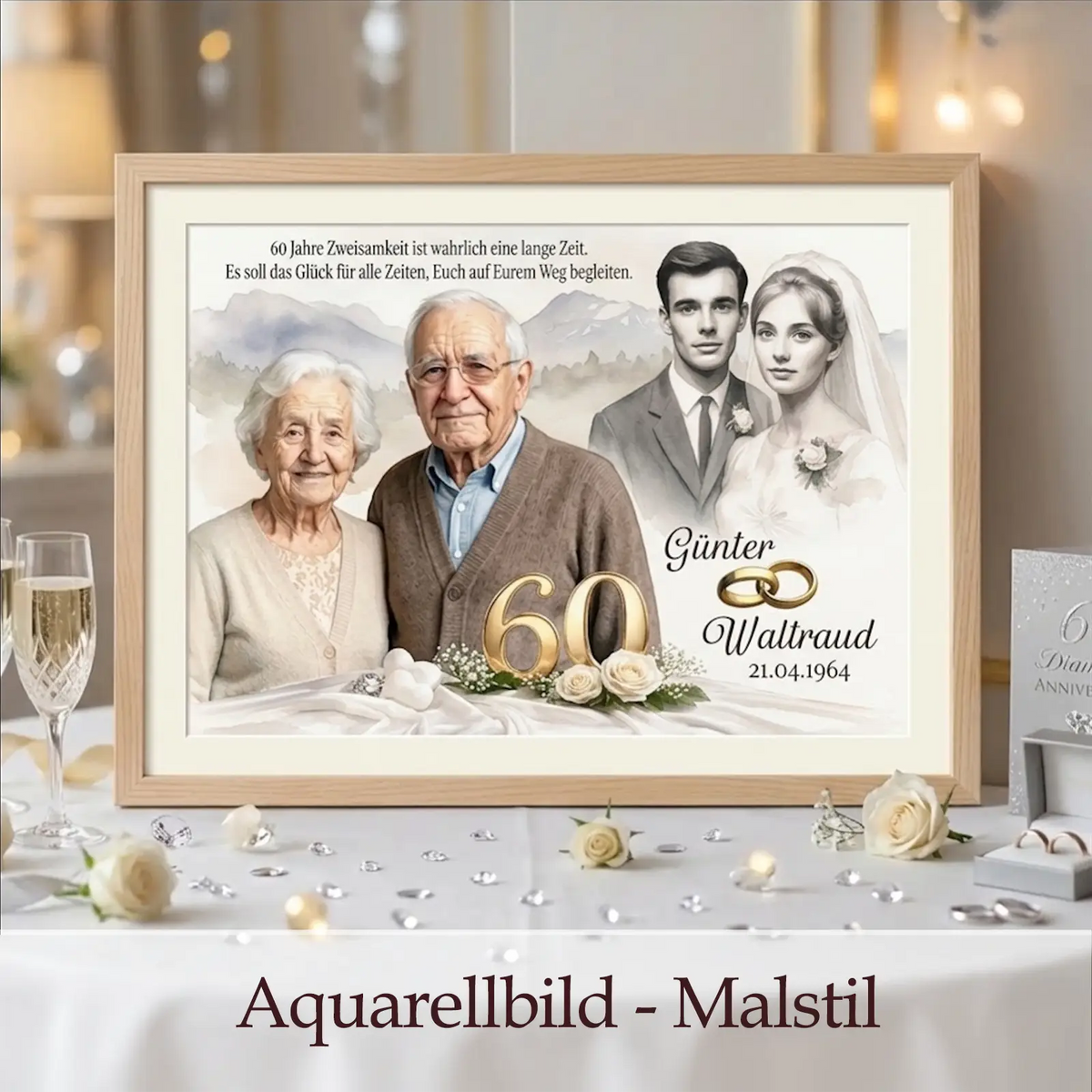 Personalisierter Bilderrahmen mit Aquarellbild zum 60. Hochzeitstag von My FotoGrafiX