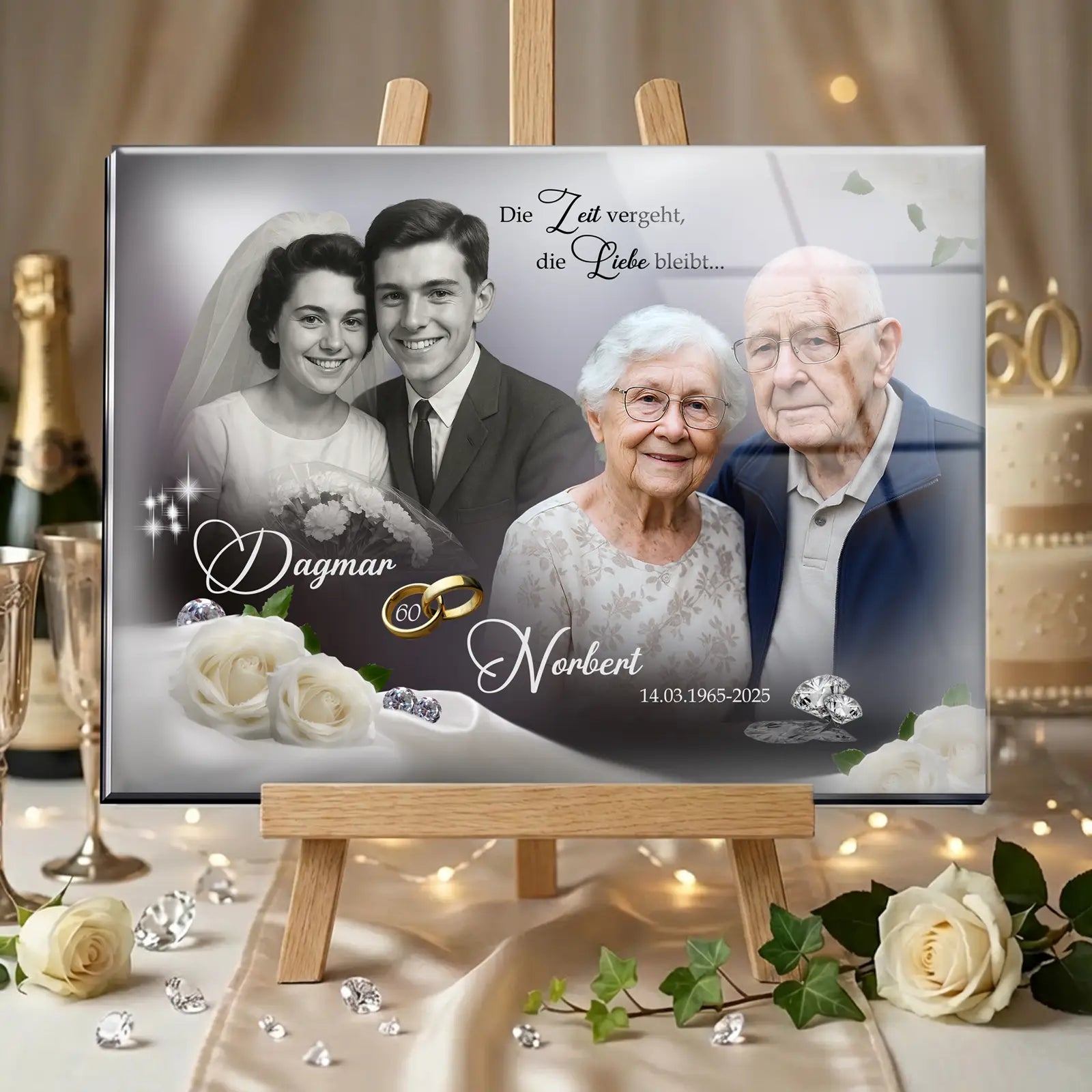 Geschenk zur Diamantenen Hochzeit - bezaubernde Kreation aus Foto - damals und heute - Text und Zitat zum 60. Hochzeitstag