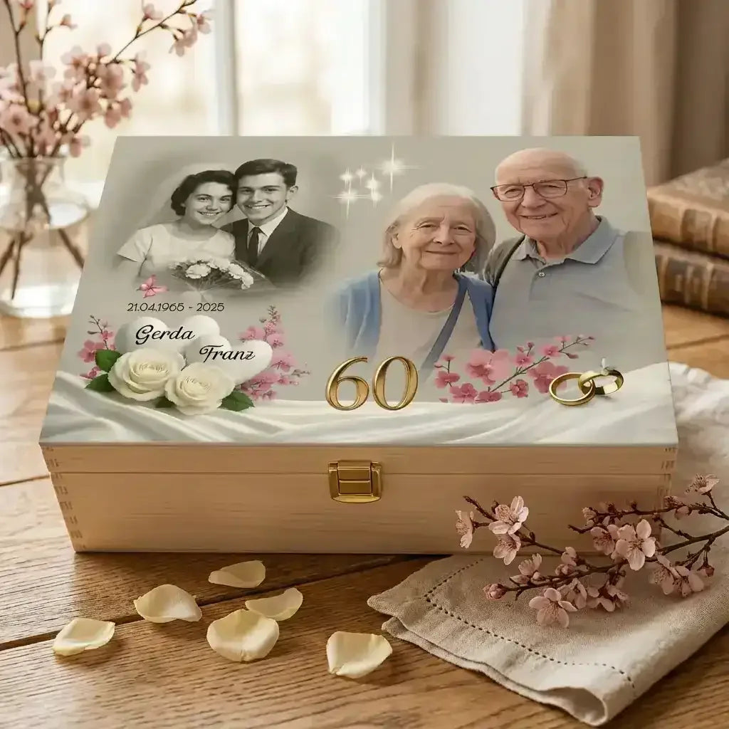 Dieses personalisierte Geschenk zum Hochzeitstag zeigt eine Holzbox mit Foto und Namen in einem harmonischen Design.
