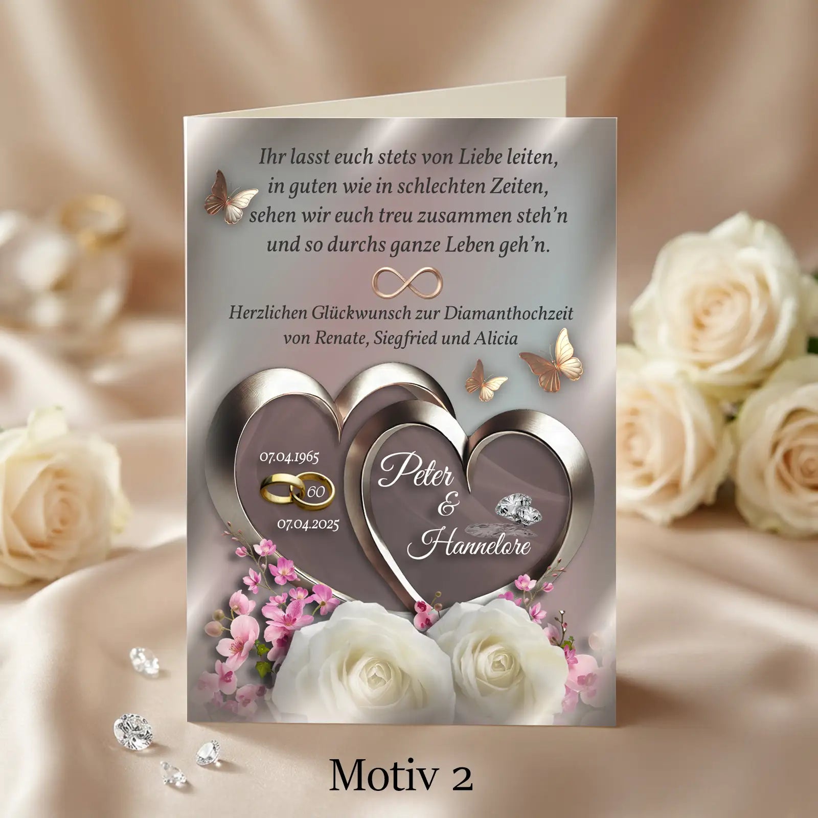 Personalisierte Glückwunschkarte zur Diamanthochzeit mit zwei Herzen, floralen Elementen und Ringen. Individuell personaliserbares Geschenk zum 60. Hochzeitstag.