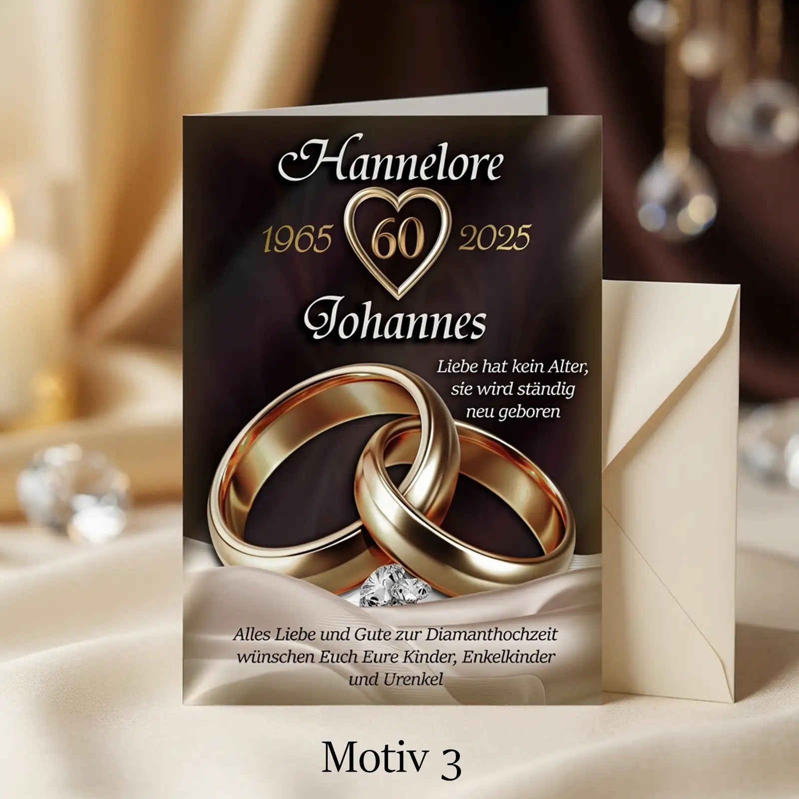 Personalisierte Grußkarte zur Diamantenen Hochzeit mit goldenen Ringen und Herzmotiv. Einzigartiges Geschenk zum 60. Hochzeitstag.