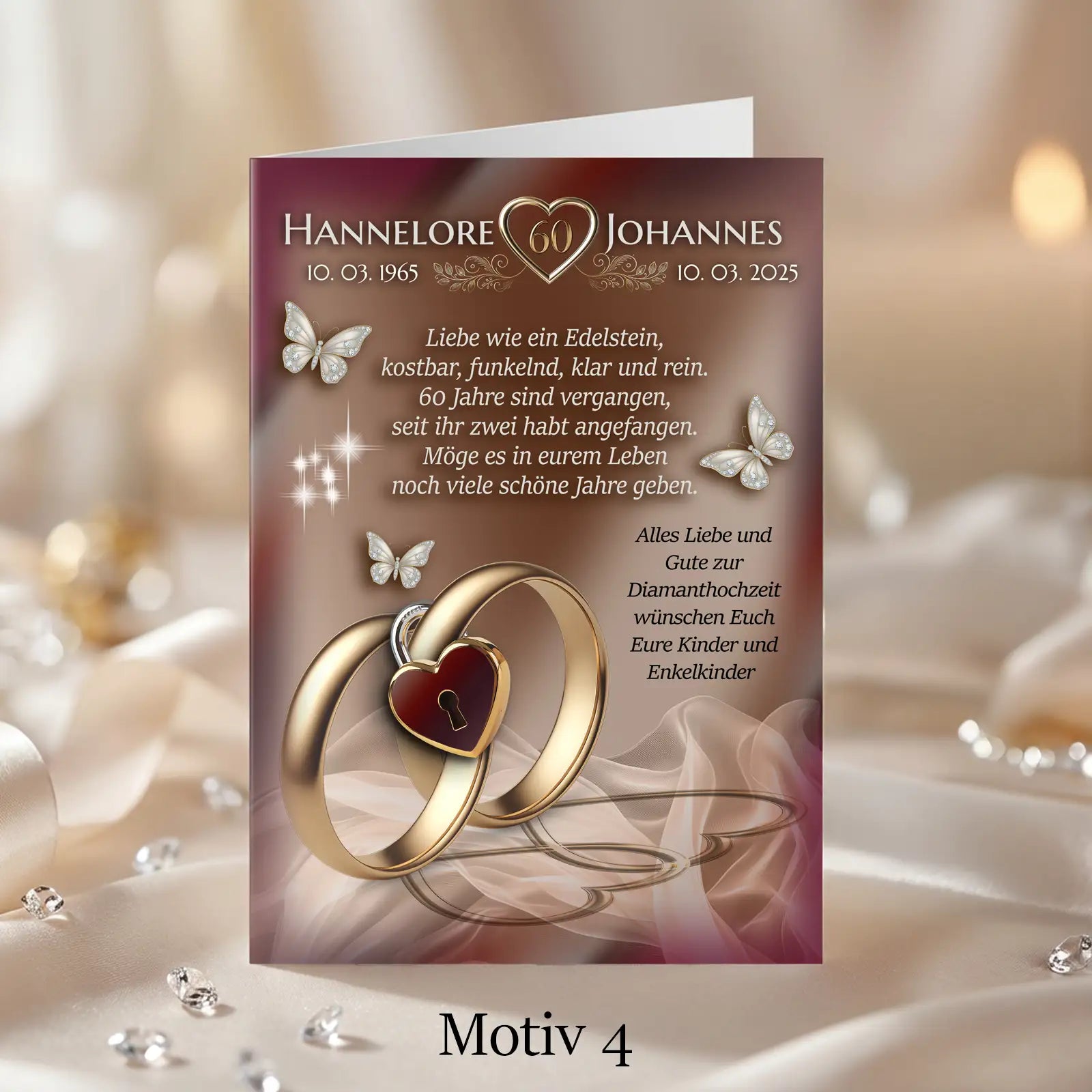 Personalisierte Karte zur Diamantenhochzeit mit goldenen Ringen und Herzschloss. Exklusives Geschenk zum 60. Hochzeitstag.