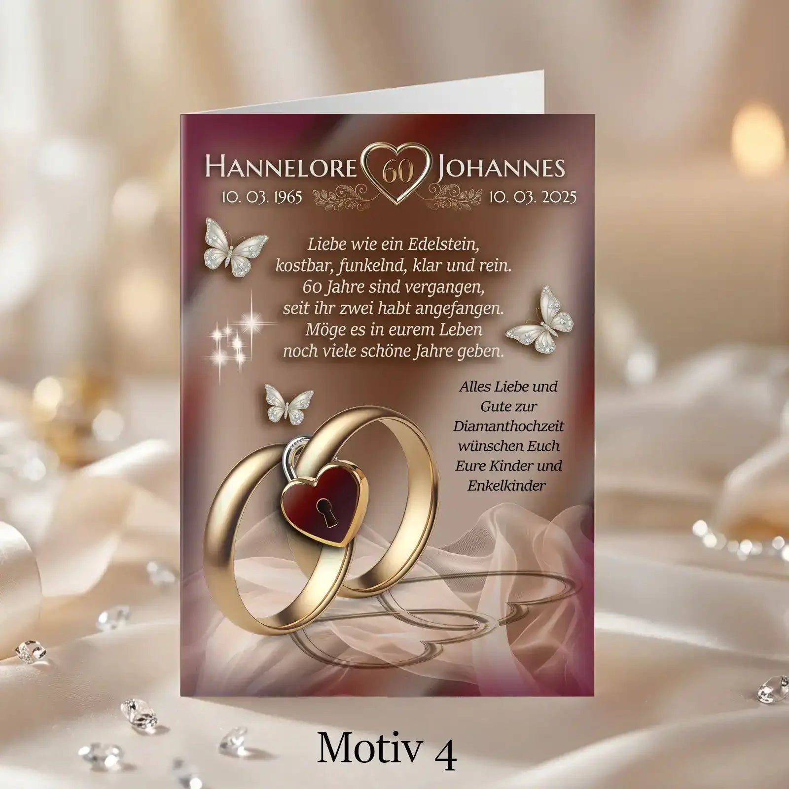 Personalisierte Karte zur Diamantenhochzeit mit goldenen Ringen und Herzschloss. Exklusives Geschenk zum 60. Hochzeitstag.