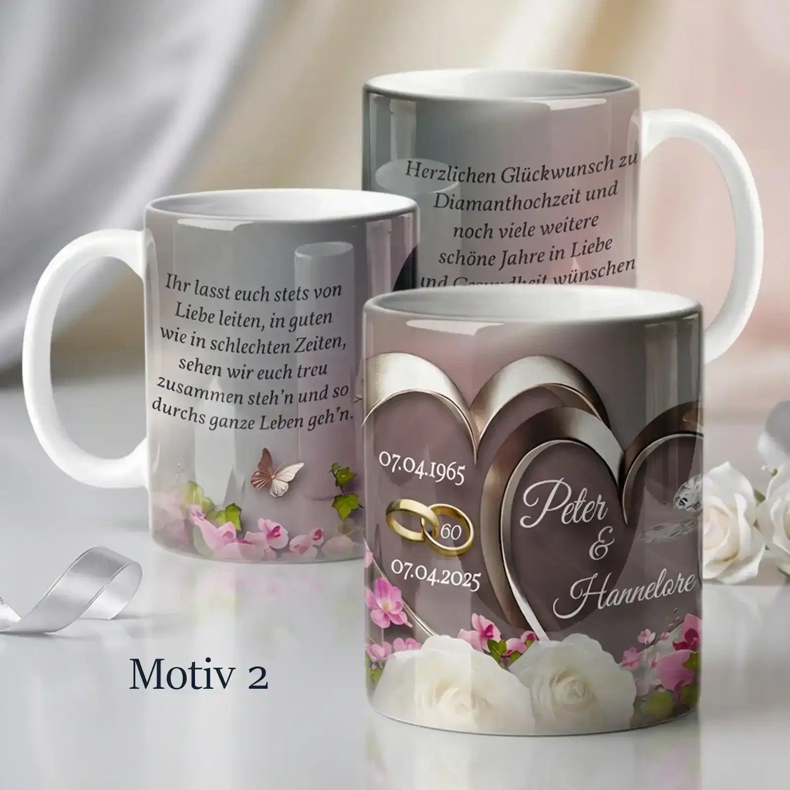 Personalisiertes Geschenk zur Diamantenhochzeit. Einzigartige Tasse mit Namen, Datum und Spruch zum 60. Hochzeitstag