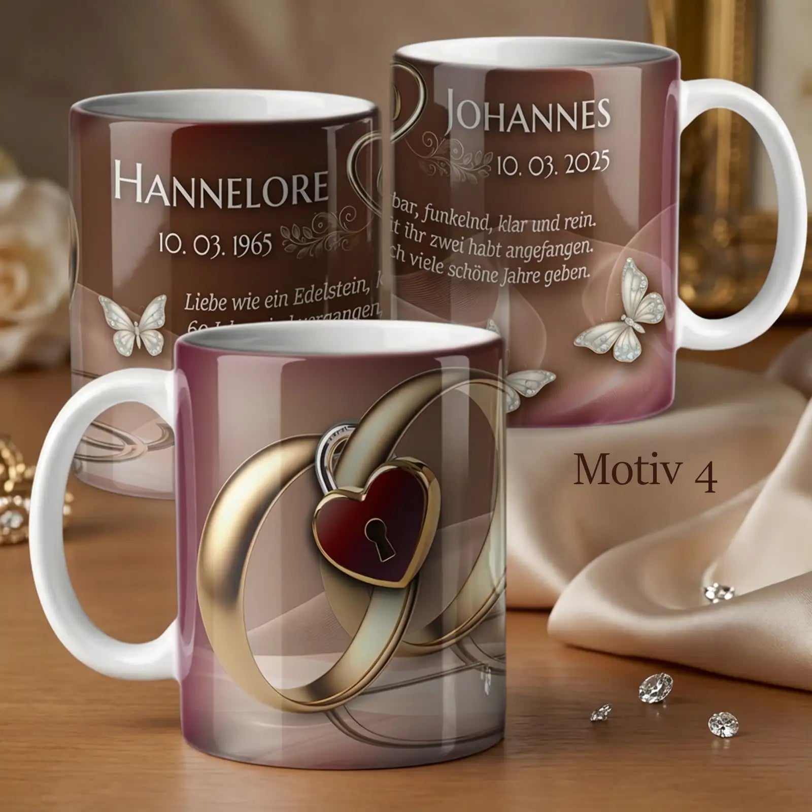 Personalisiertes Geschenk zur Diamanthochzeit. Tasse bezauberndem Motiv, mit Namen, Datum und Spruch zum 60. Hochzeitstag. Einzigartiges Premiumgeschenk.