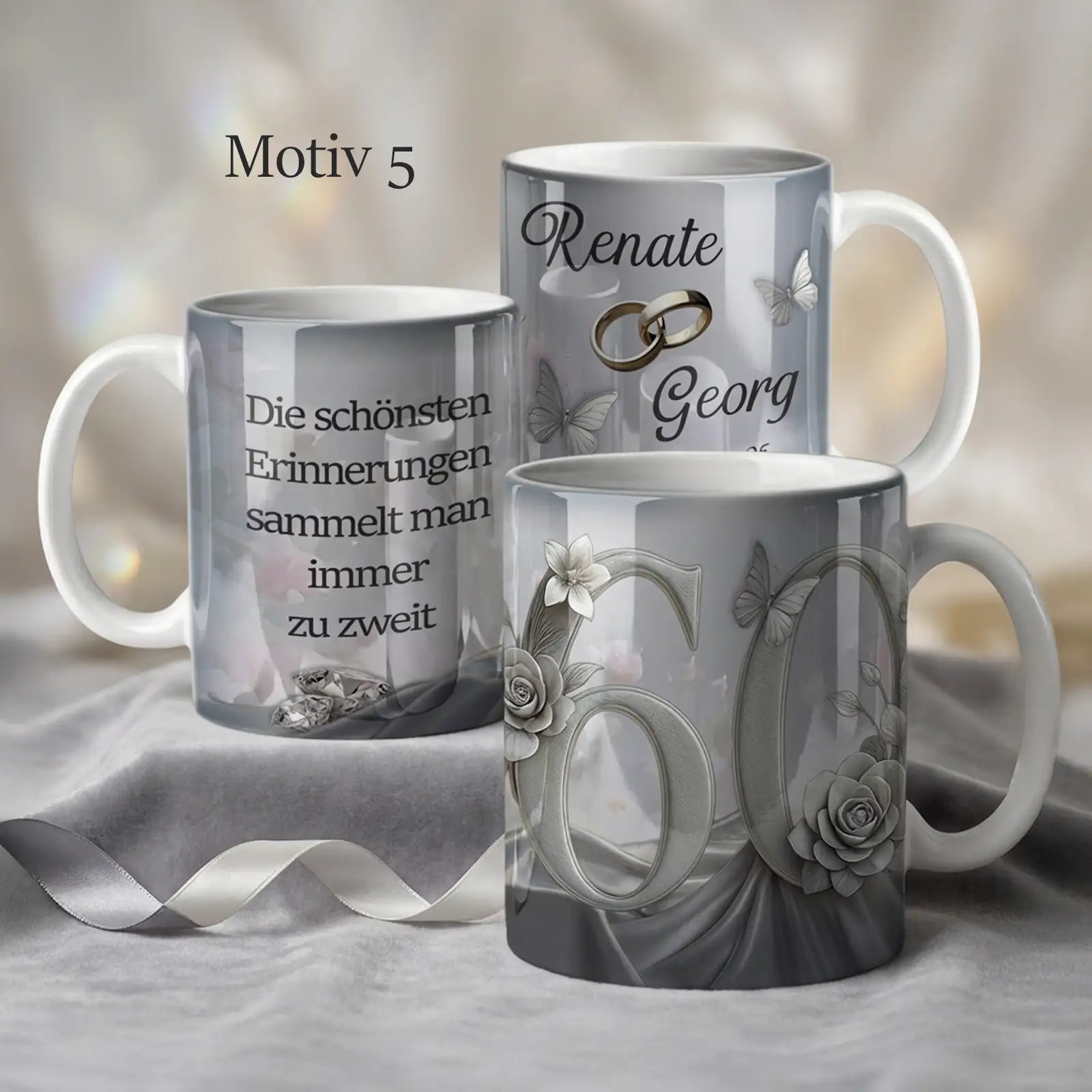 Personalisiertes Geschenk zur Diamantenhochzeit. Traumhafte Tasse mit Namen, Datum und Spruch zum 60. Hochzeitstag. Einzigartig und besonders.