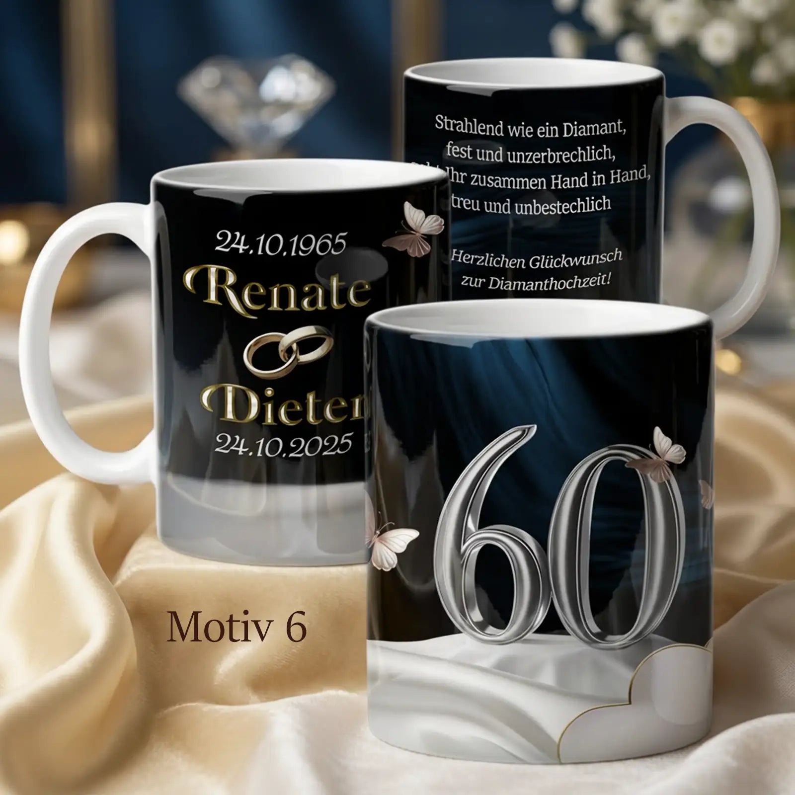 Personalisiertes Geschenk zur Diamantenen Hochzeit. Tasse mit Namen, Datum und Text zum 60. Hochzeitstag