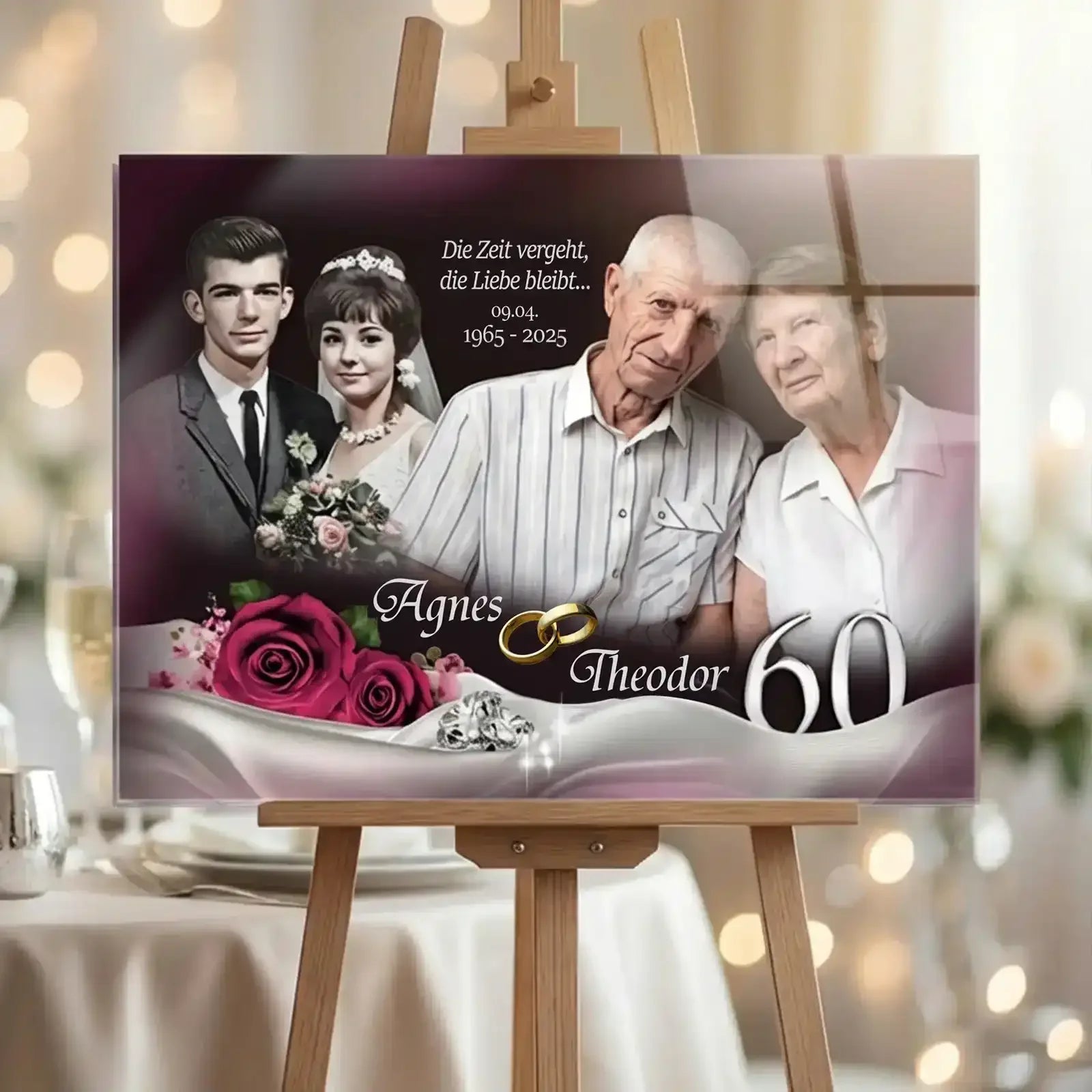 Personalisiertes Geschenk - Acrylglas zur Diamantenen Hochzeit mit Fotos von Damals und Heute. Edles Premium-Geschenk zum 60. Hochzeitstag