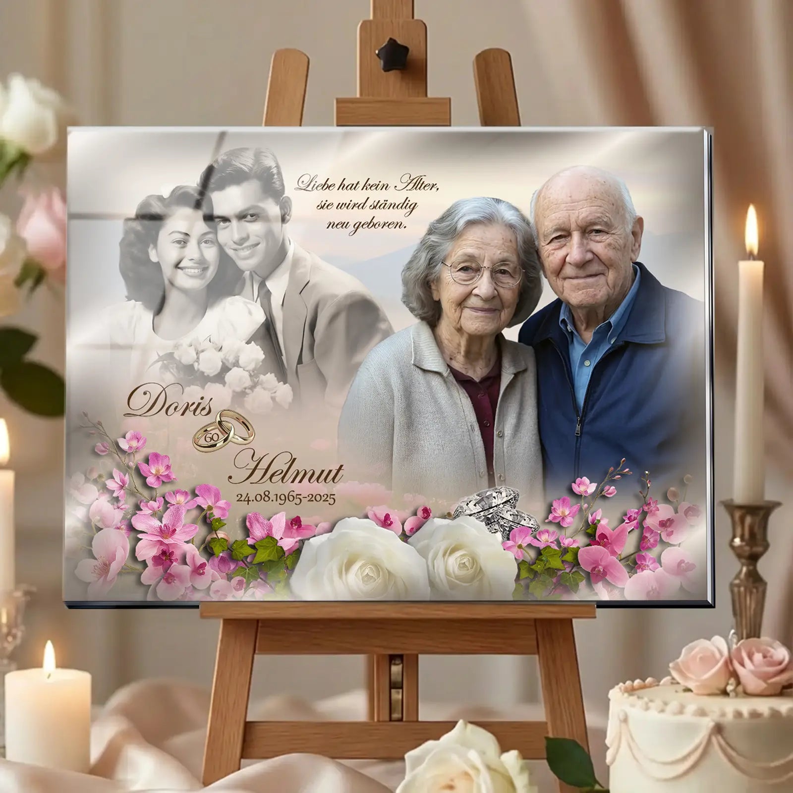 Bezauberndes Geschenk zur Diamantenen Hochzeit. Fotos von damals und heute, perfekt eingebettet in romantisches Blumendekor. Einzigartig personalisiert zum 60. Hochzeitstag.