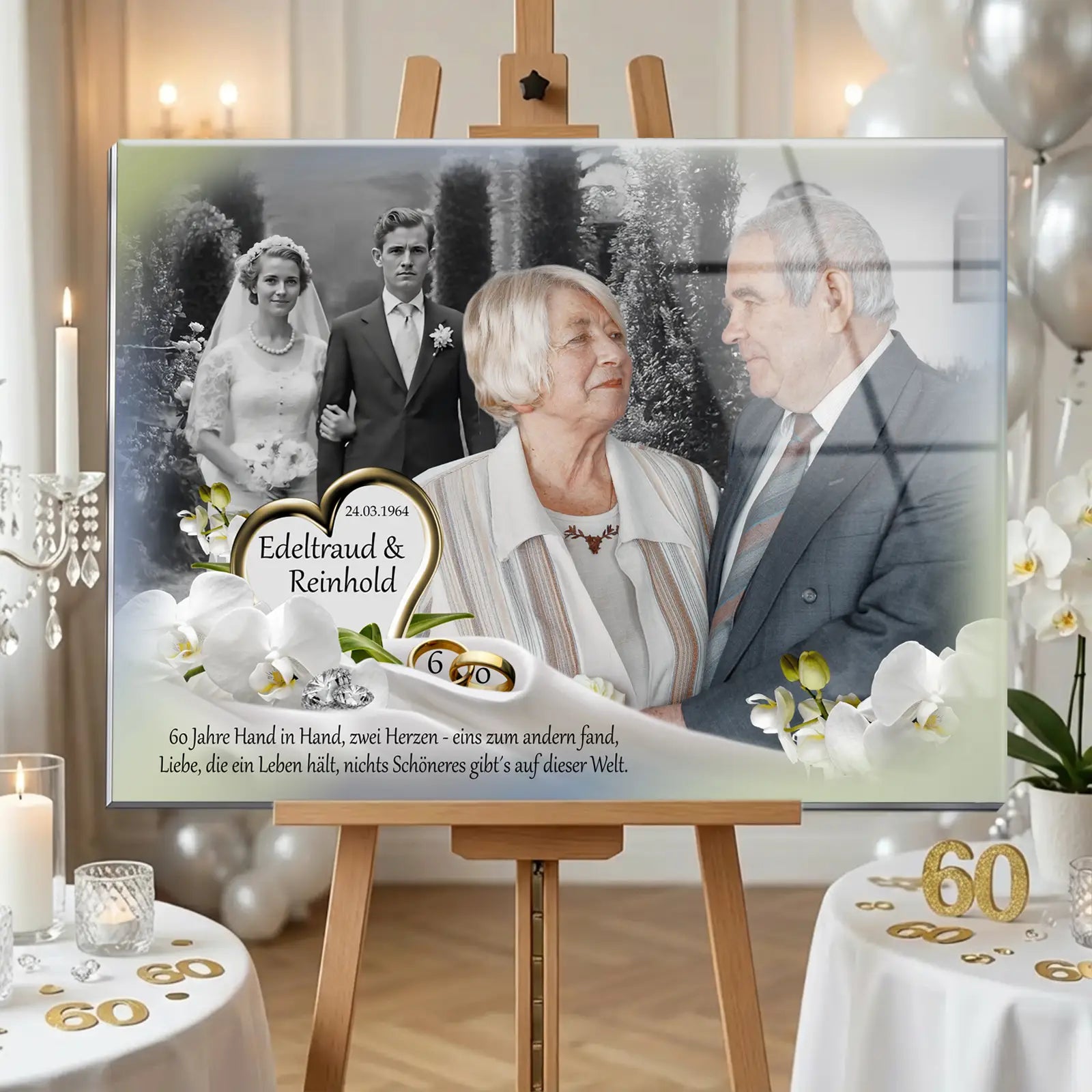 Personalisiertes Geschen zur Diamantenen Hochzeit mit Fotos eines Ehepaares von früher und heute, Namen, Hochzeitsdatum, goldener Zahl 60, floralen Elementen und Eheringen als Geschenk zum 60. Hochzeitstag