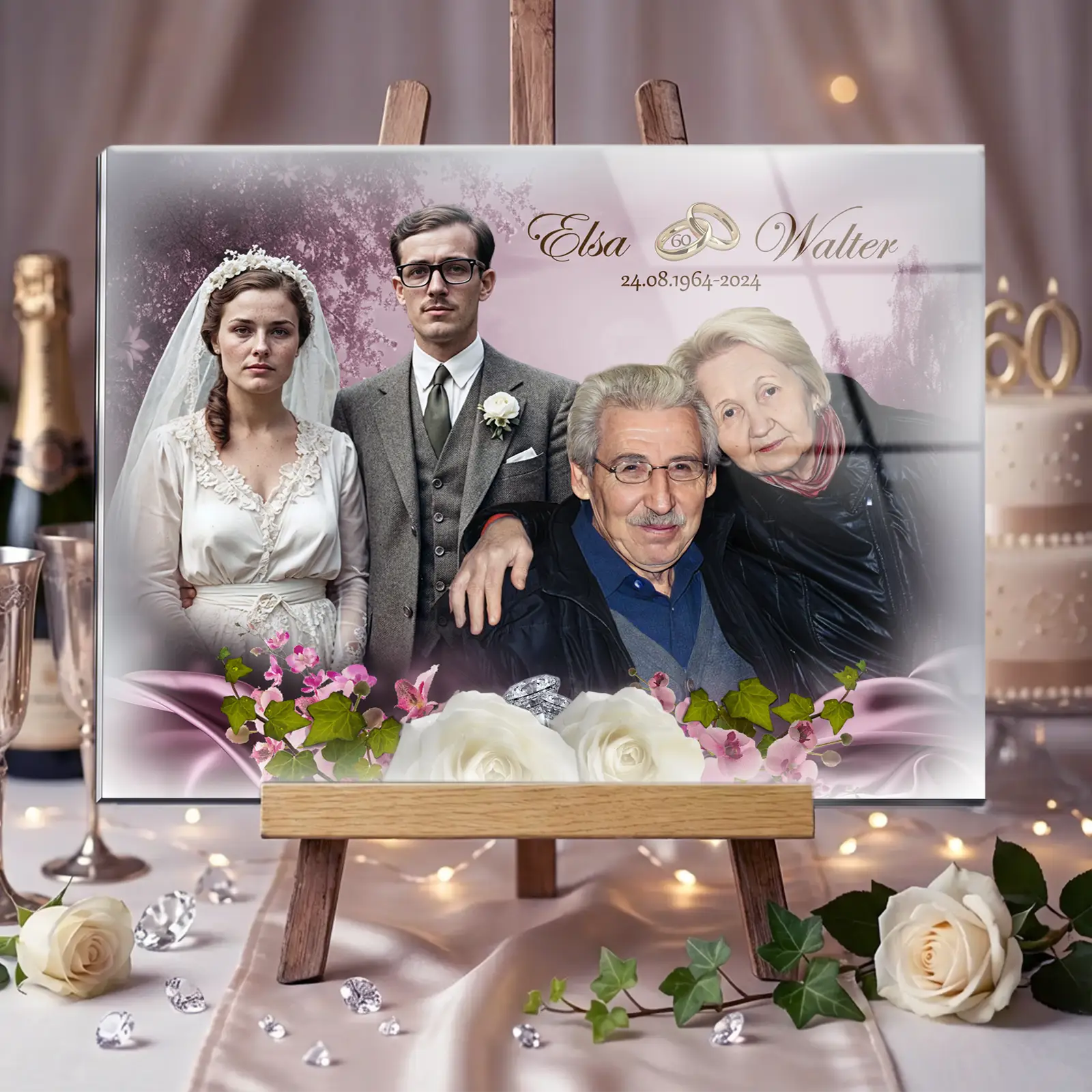 Personalisiertes Acrylglas zur Diamantenen Hochzeit mit Fotomontage eines Ehepaares von früher und heute, Namen Elsa und Walter, Hochzeitsdatum, floralen Elementen, Eheringen und festlicher Tischdekoration als Geschenk zum 60. Hochzeitstag