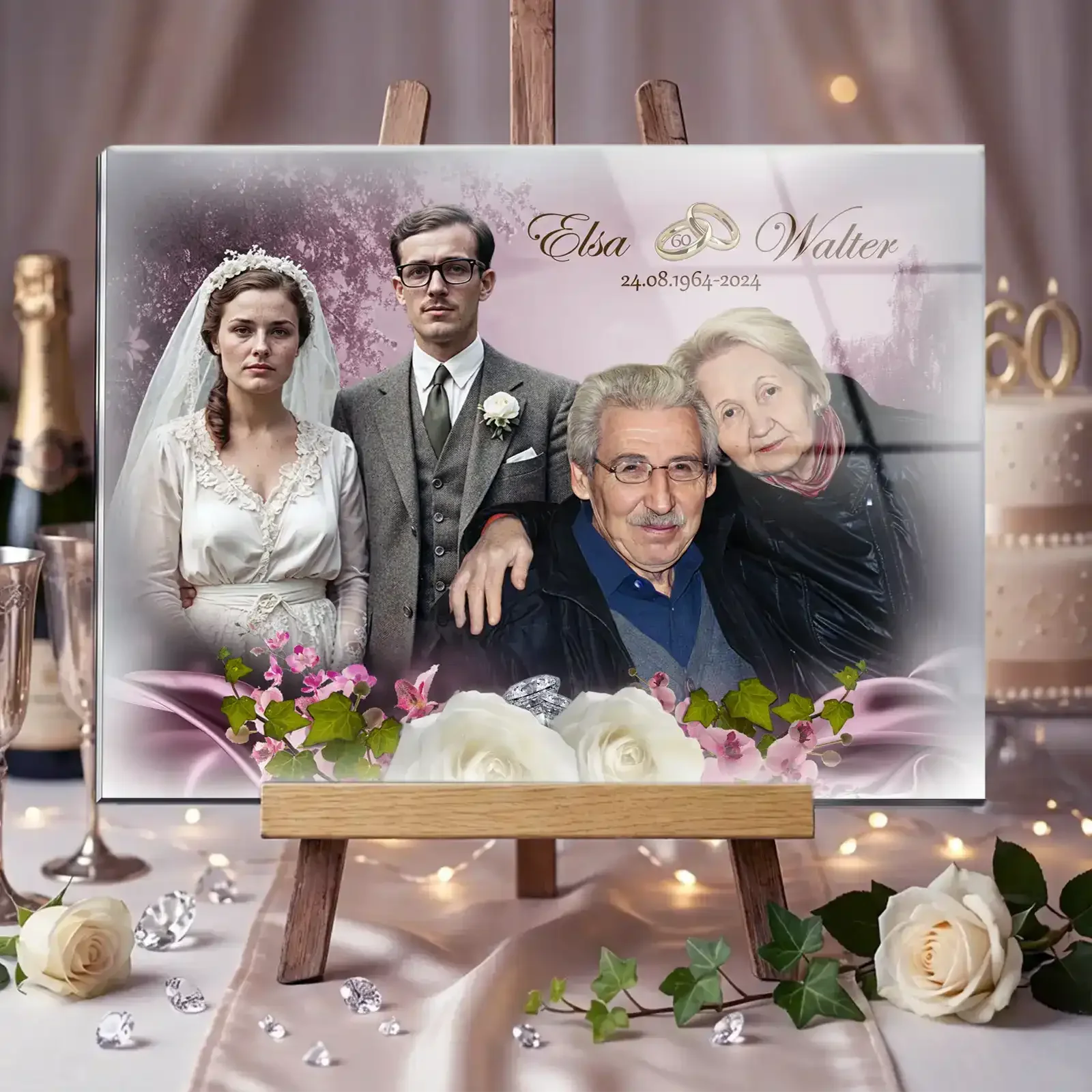 Personalisiertes Acrylglas zur Diamantenen Hochzeit mit Fotomontage eines Ehepaares von früher und heute, Namen Elsa und Walter, Hochzeitsdatum, floralen Elementen, Eheringen und festlicher Tischdekoration als Geschenk zum 60. Hochzeitstag