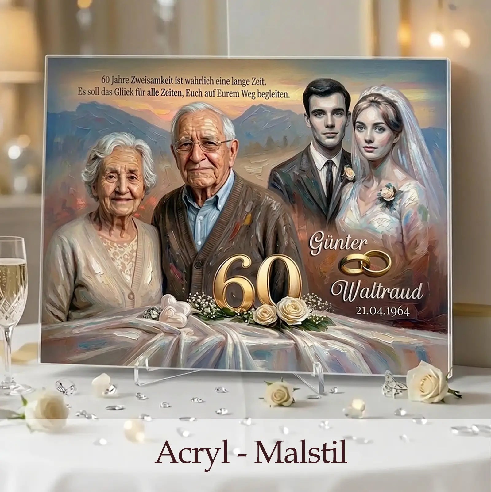 Personalisiertes Acrylglas als Geschenk zur Diamantenen Hochzeit. Einzigartiges Premiumeschenk mit Foto zum 60. Hochzeitstag.