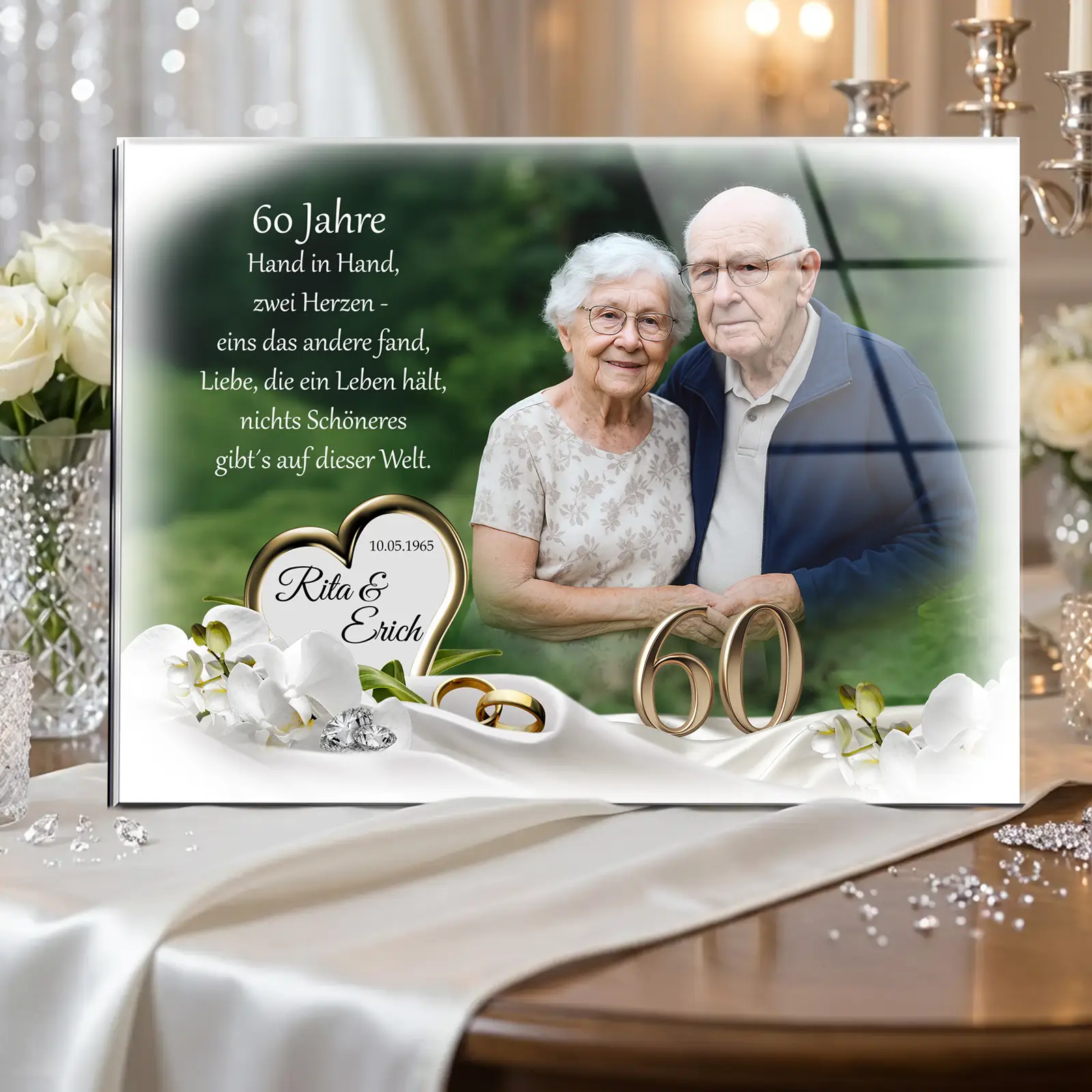 Personalisiertes Acrylglas zur Diamantenen Hochzeit. Einzigartiges Geschenk mit Foto zum 60. Hochzeitstag.