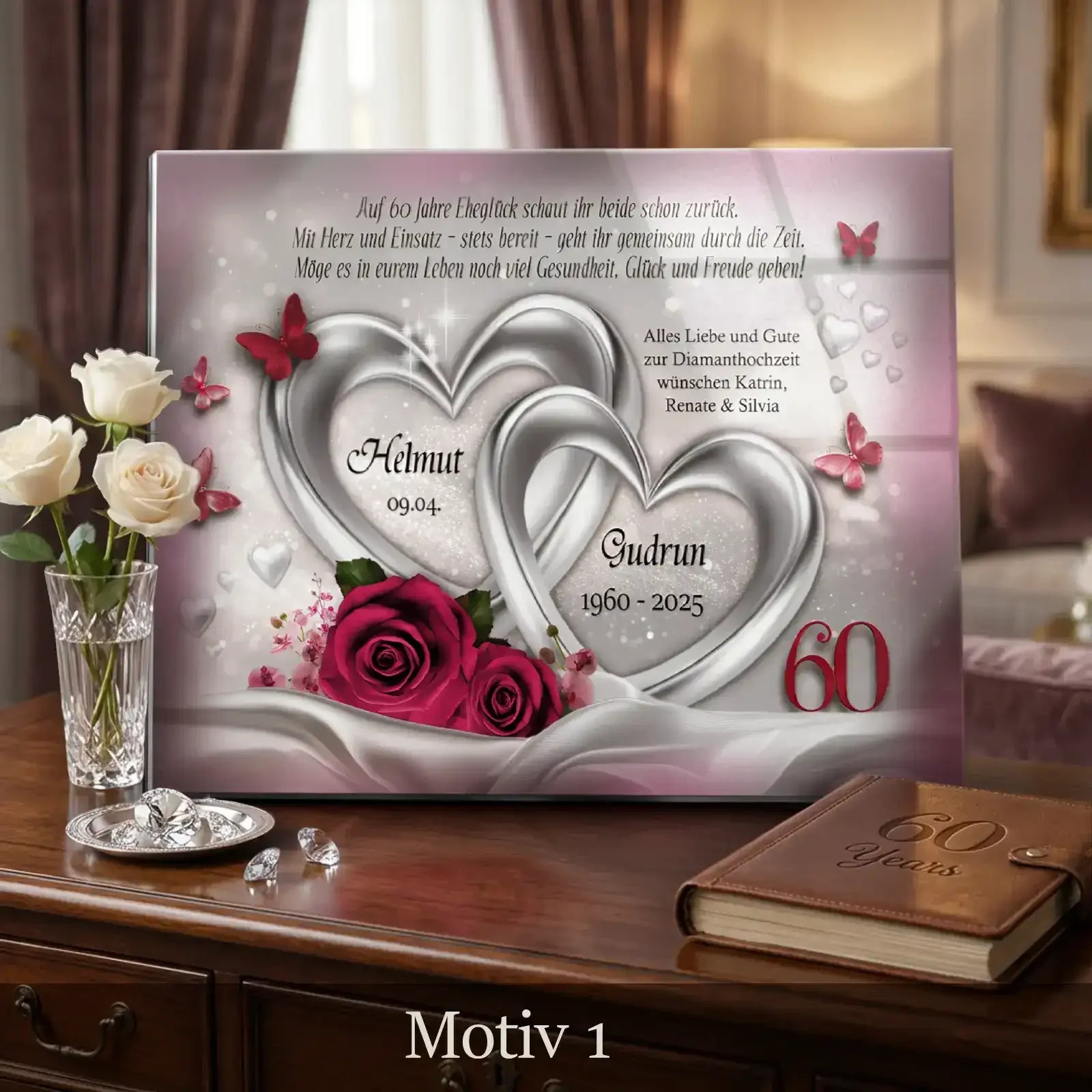 Geschenk zur Diamanthochzeit. Personalisiertes Acrylglasbild zum 60. Hochzeitstag mit zwei silbernen Herzen, in denen die Namen geschrieben wurden.