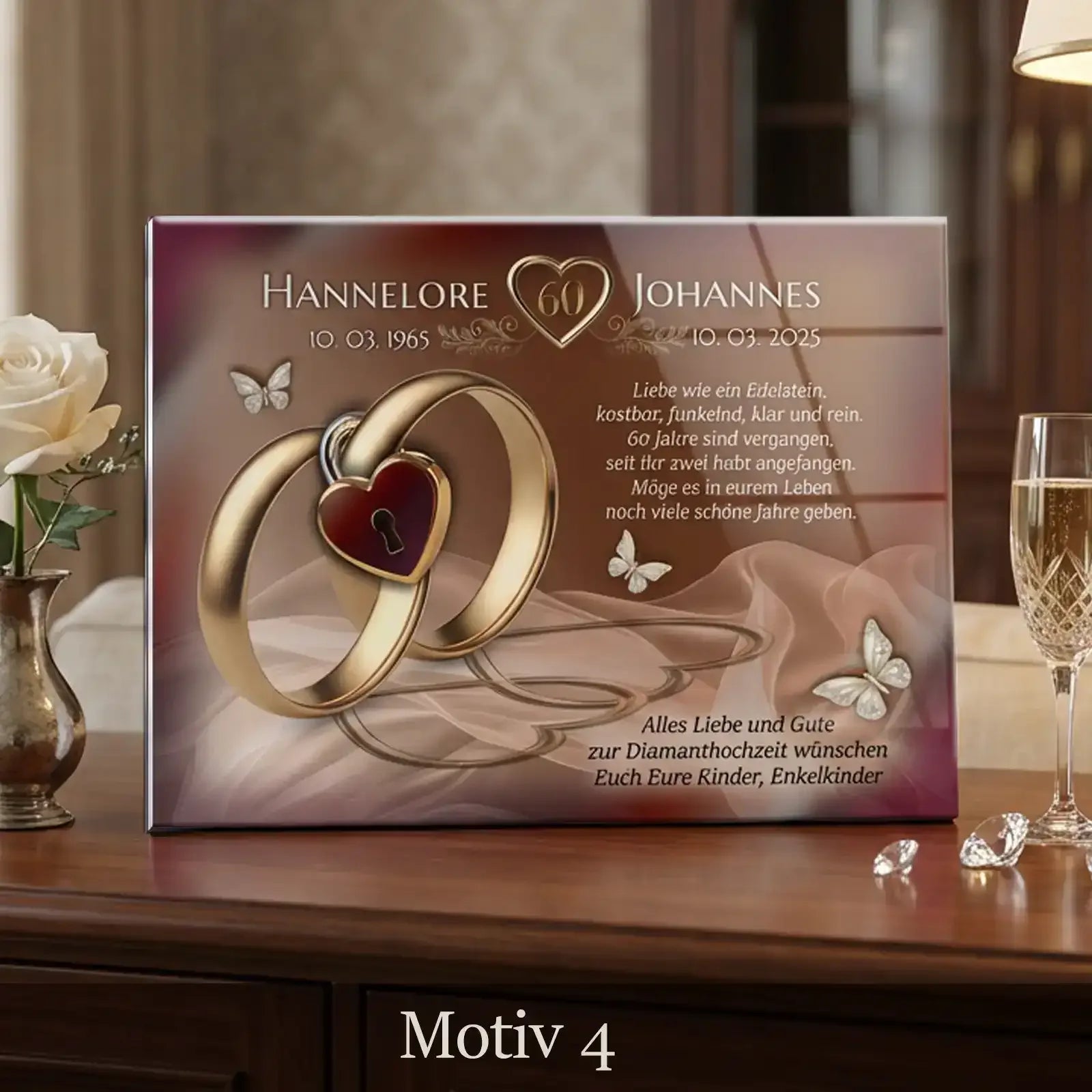 Geschenk zur Diamantenhochzeit. Personalisiertes Acrylglasbild zum 60. Hochzeitstag mit Namen des Paares