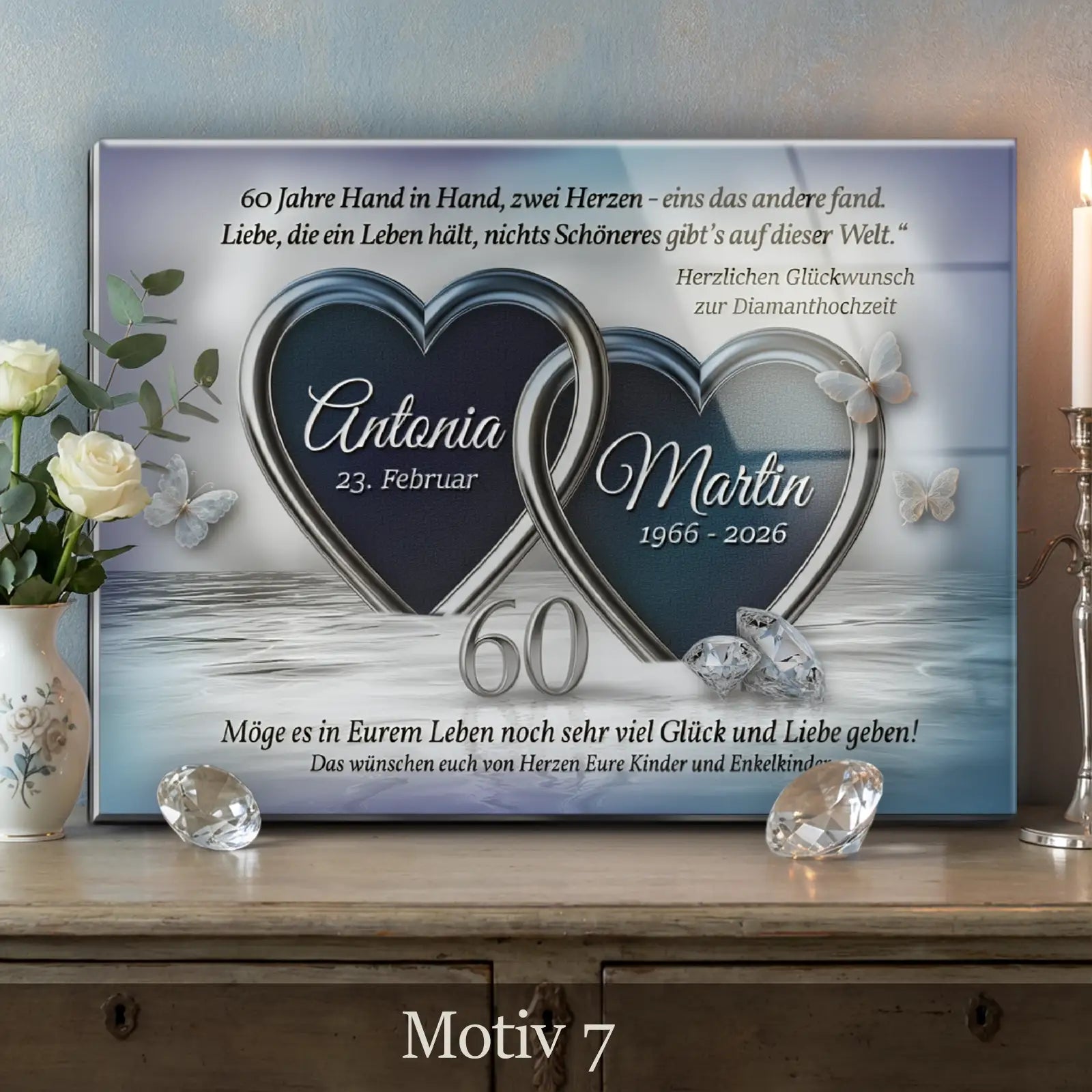 Romantisches Geschenk zur Diamanthochzeit. Personalisiertes Acrylglasbild zum 60. Hochzeitstag mit persönlichem Text