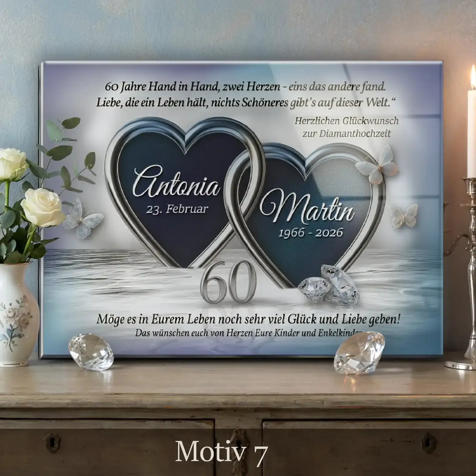 Romantisches Geschenk zur Diamanthochzeit. Personalisiertes Acrylglasbild zum 60. Hochzeitstag mit persönlichem Text