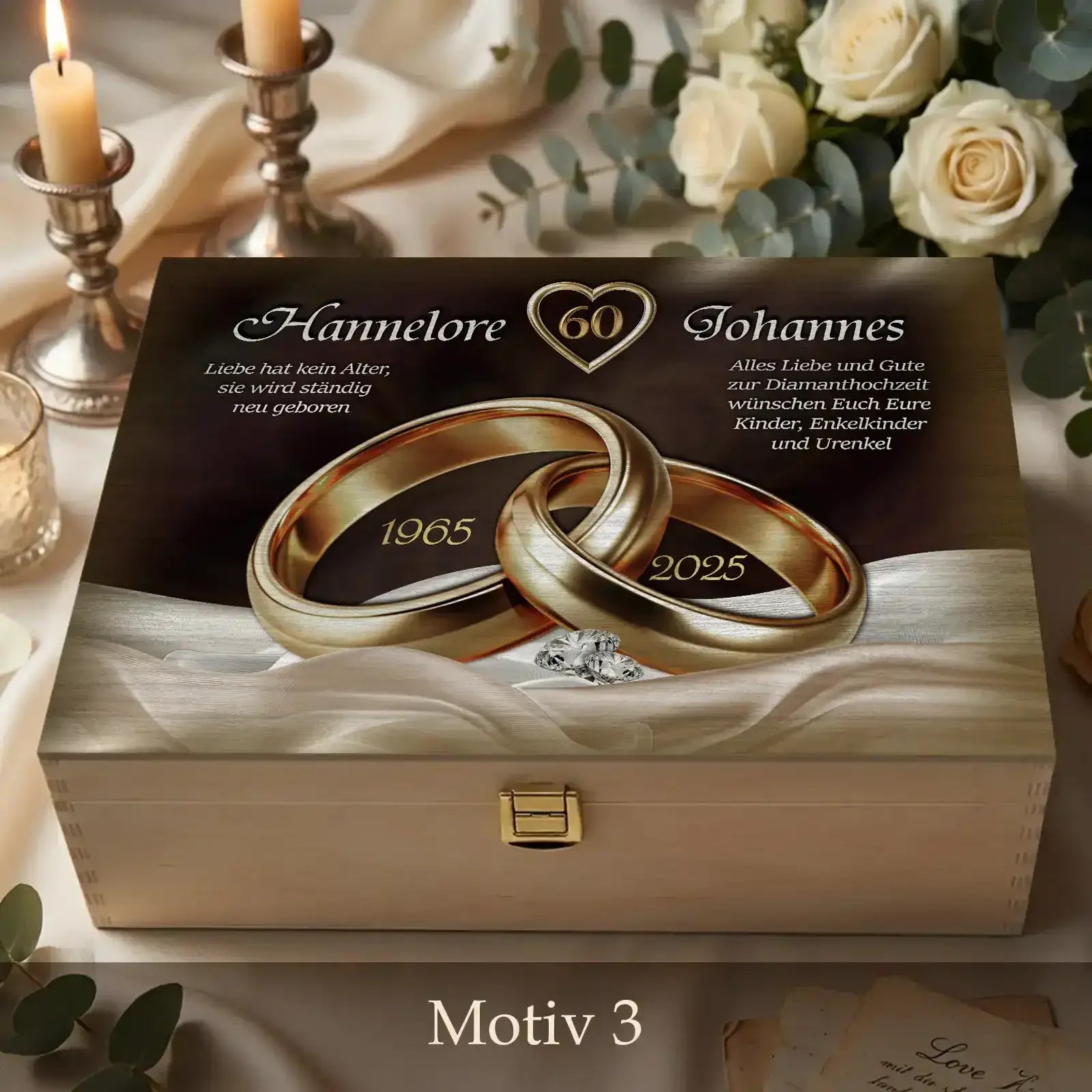 Geschenk zur Diamanthochzeit mit goldenen Ringen, Gravur und dekorativem Stoff. Einzigartige Holzbox zum 60. Hochzeitstag.