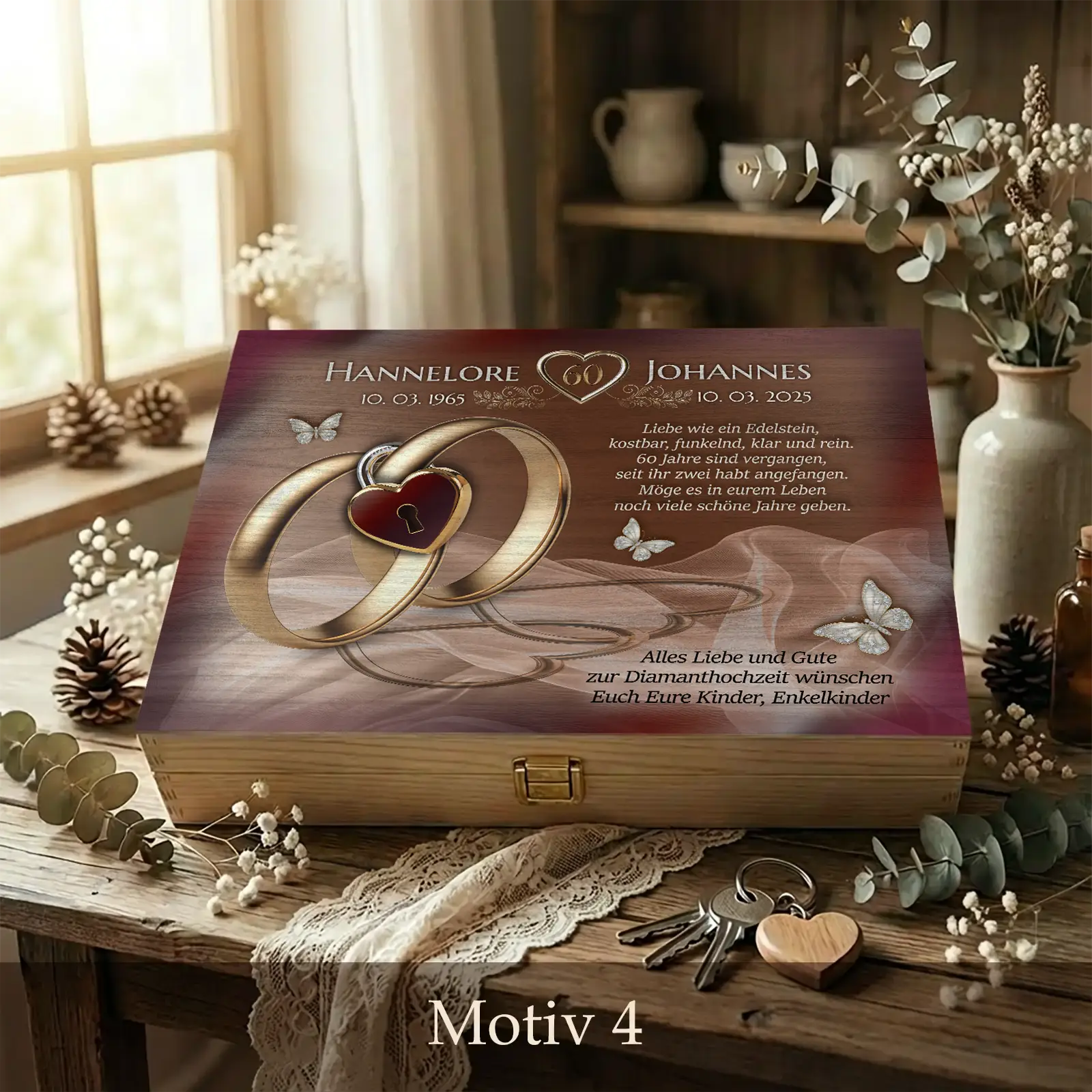 Geschenk zur Diamanthochzeit mit goldenen Ringen, Schmetterlingen und persönlicher Widmung. Exklusives Geschenk zum 60. Hochzeitstag.
