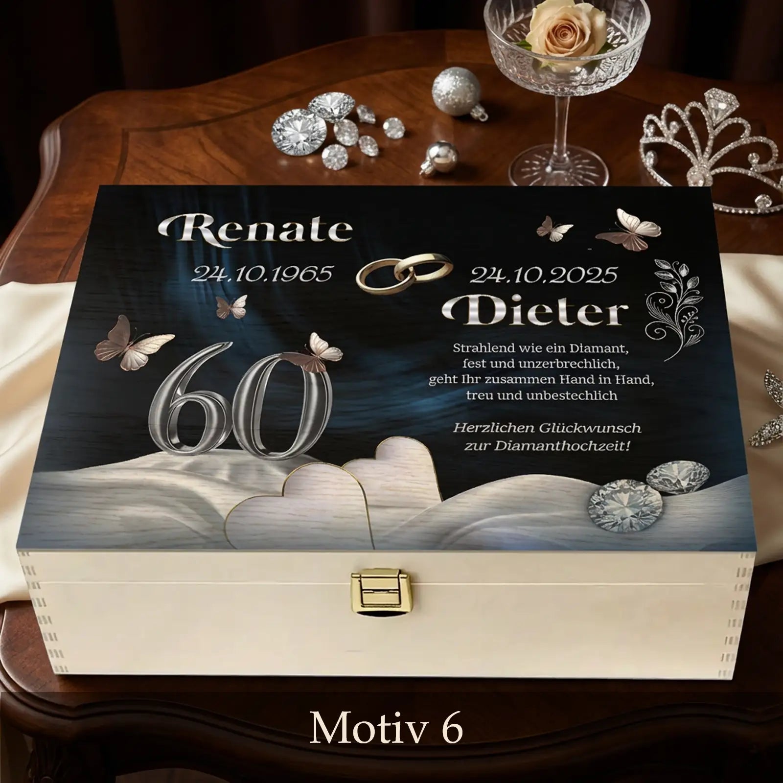Individuelle Holzbox als Geschenk zur Diamanthochzeit. Individeuelles und exklusives Geschenk zum 60. Hochzeitstag.