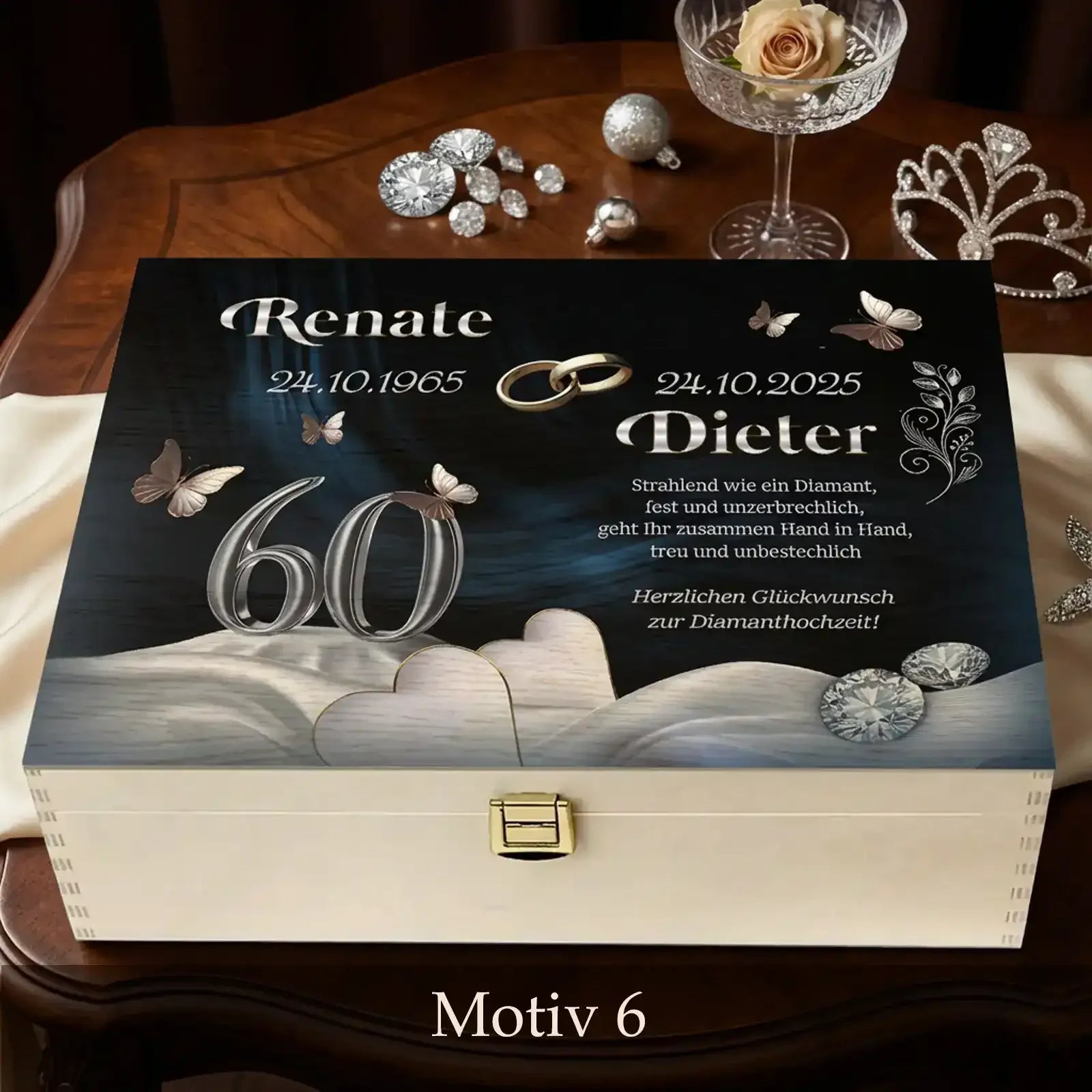 Individuelle Holzbox als Geschenk zur Diamanthochzeit. Individeuelles und exklusives Geschenk zum 60. Hochzeitstag.