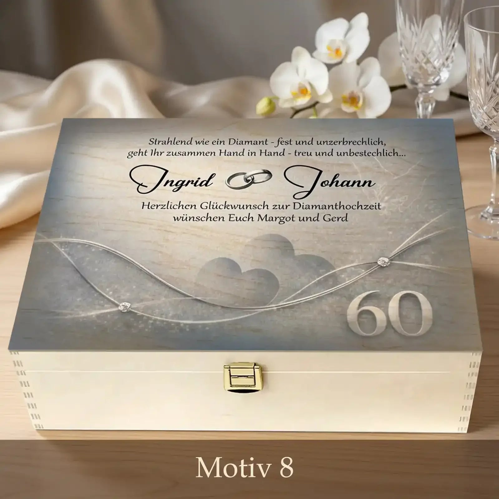 Personalisierte Holzbox - Geschenk zur Diamantenen Hochzeit mit Namen Ingrid und Johann, Exklusives Geschenk zum 60. Hochzeitstag.