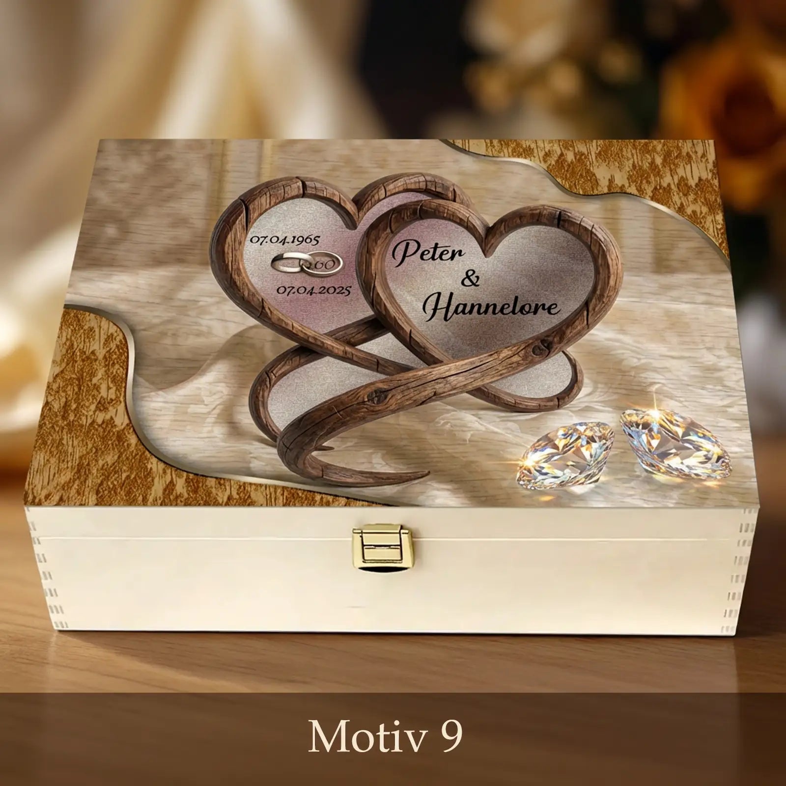 Personalisierte Holzbox - Geschenk zur Diamantenen Hochzeit mit Namen Ingrid und Johann, Exklusives Geschenk zum 60. Hochzeitstag.