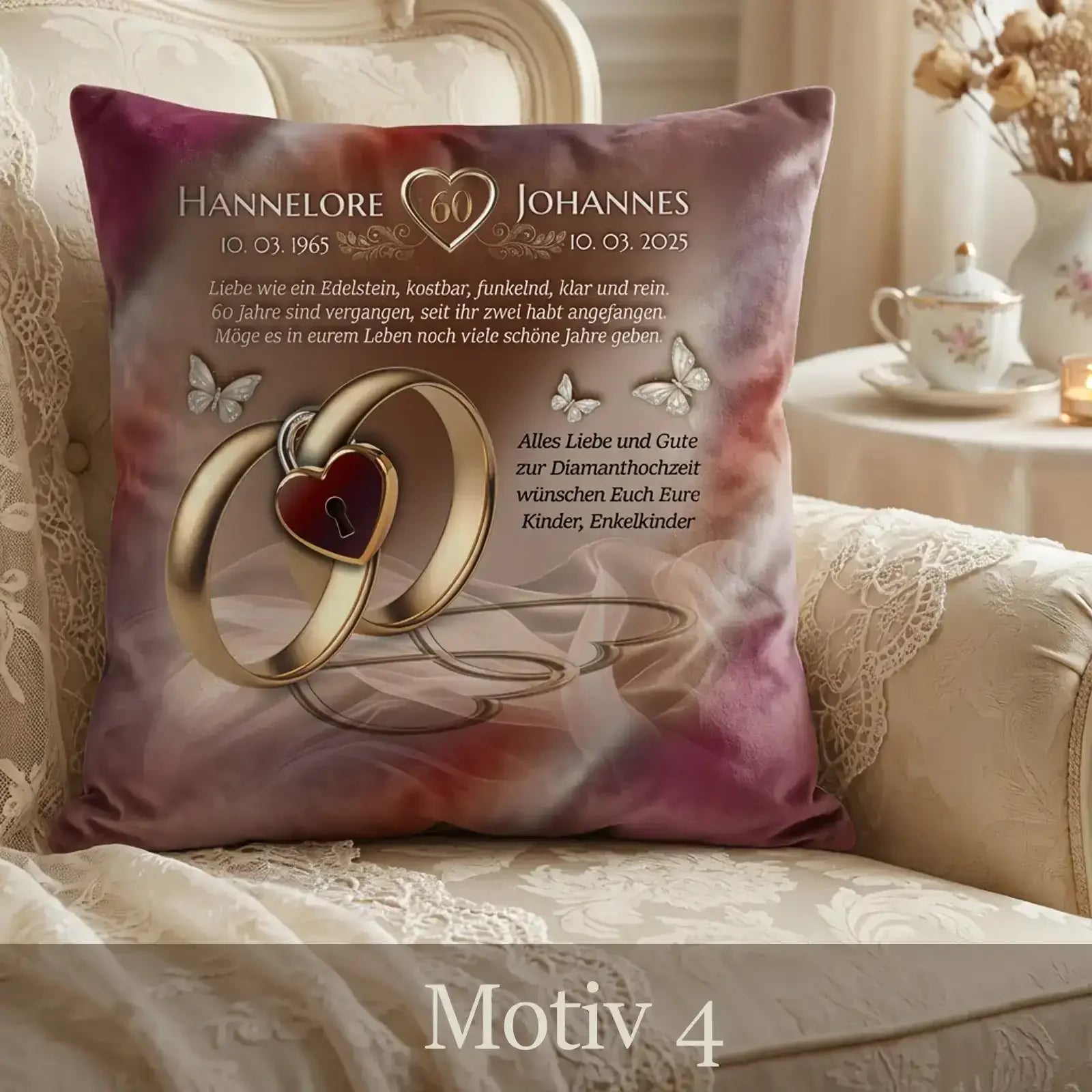 Geschenk zur diamantenen Hochzeit. Personalisiertes Kissen mit verschiedenen Designs und individueller Beschriftung.