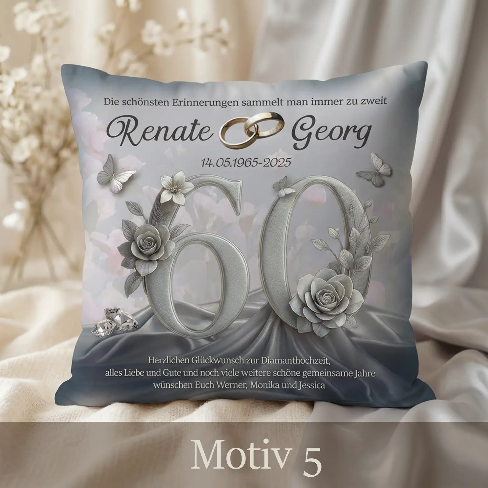 Dekoratives Kissen zur Diamanthochzeit. Mit Namen und Datum personalisiert und als Geschenk zum 60. Hochzeitstag geeignet.