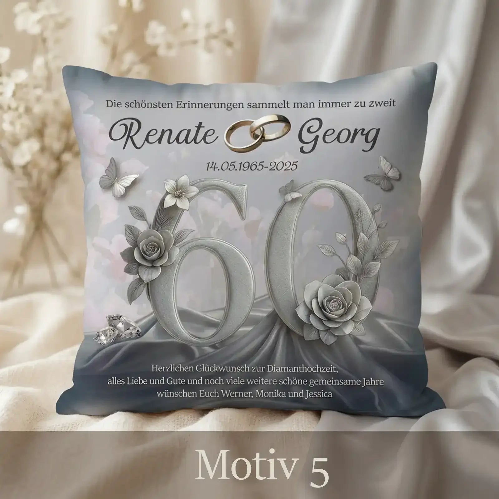 Dekoratives Kissen zur Diamanthochzeit. Mit Namen und Datum personalisiert und als Geschenk zum 60. Hochzeitstag geeignet.