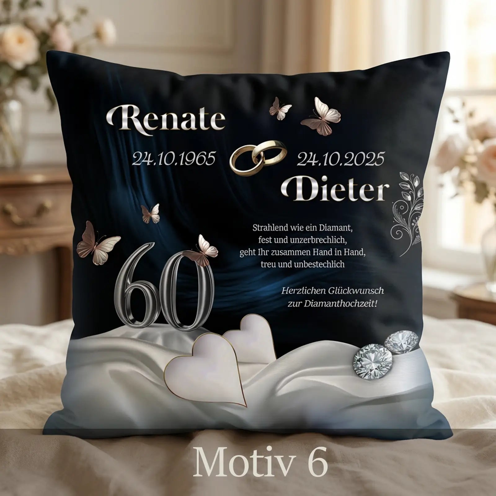 Personalisiertes Geschenk zur Diamantenhochzeit. Kissen mit individuellem Motiv sowie Namen und Datum zum 60. Hochzeitstag.