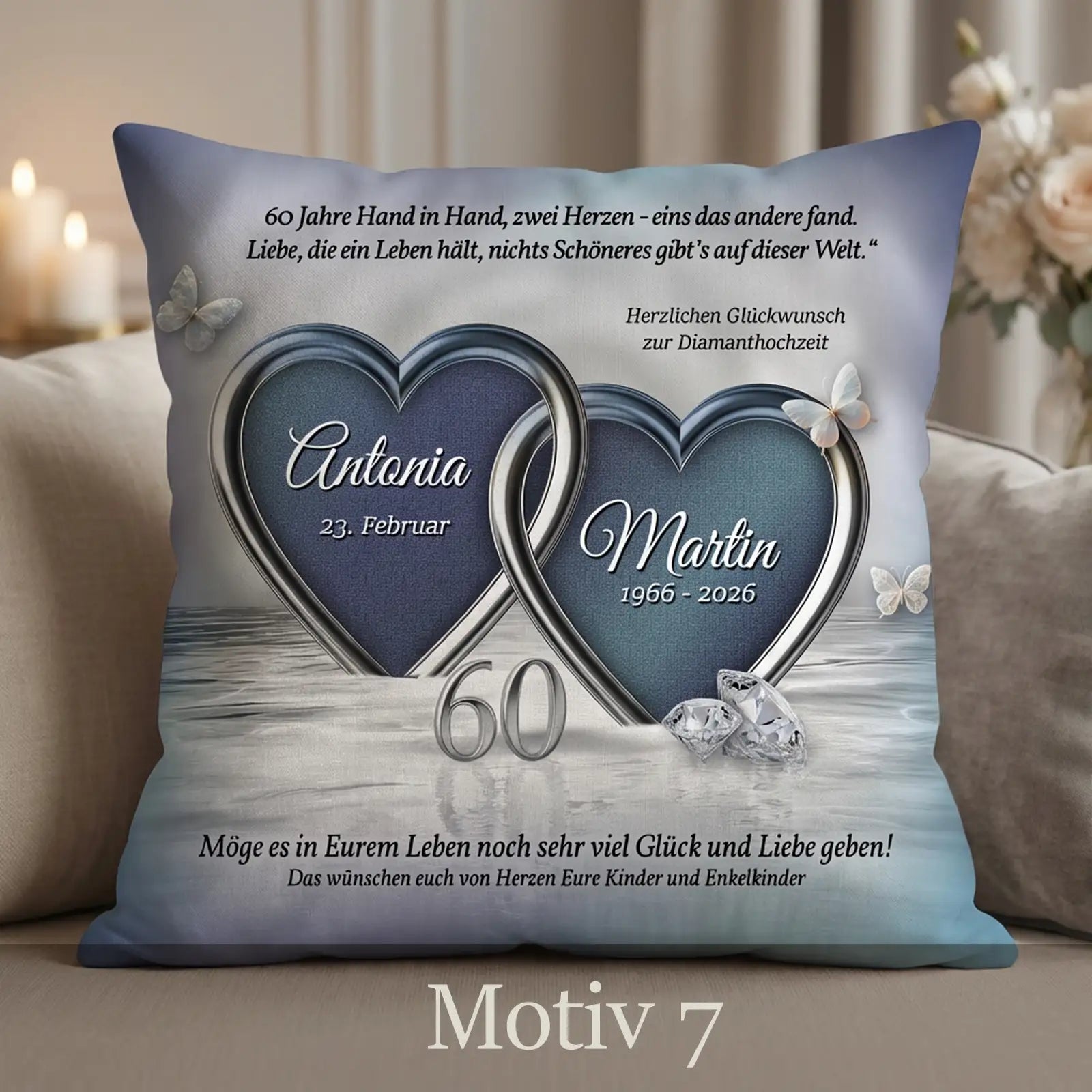 Personalisiertes Geschenk zur Diamanthochzeit. Bedrucktes Kissen mit individuellem Motiv sowie Namen und Datum. Exklusives Geschenk zum 60. Hochzeitstag.