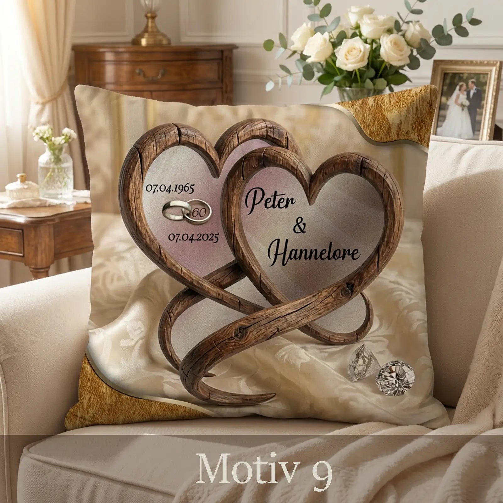 Geschenk zur diamantenen Hochzeit. Personalisiertes Kissen mit stilvollem Design und individueller Gestaltung mit Namen und Datum.